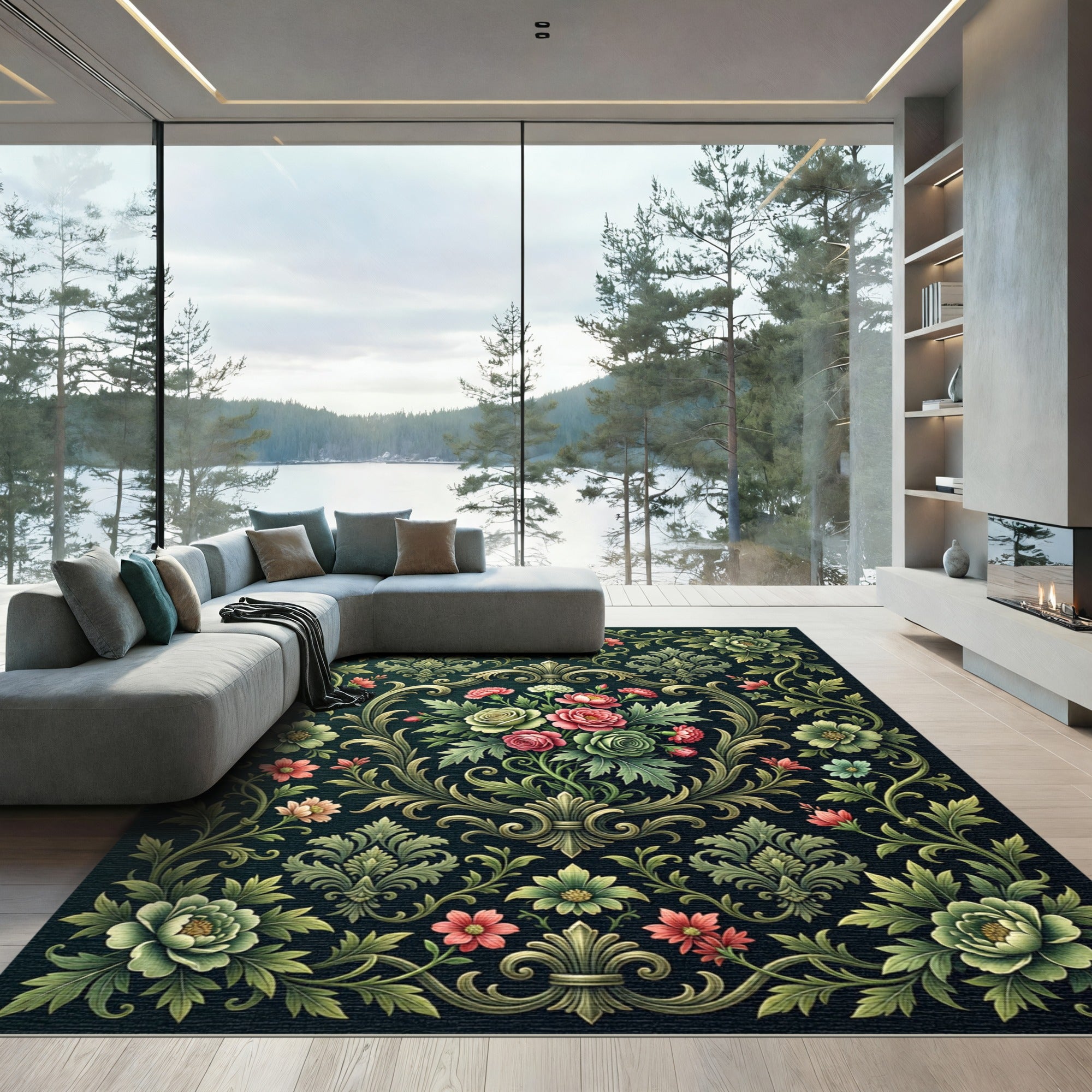 Ornate Emerald Floral Damask Scroll Rug