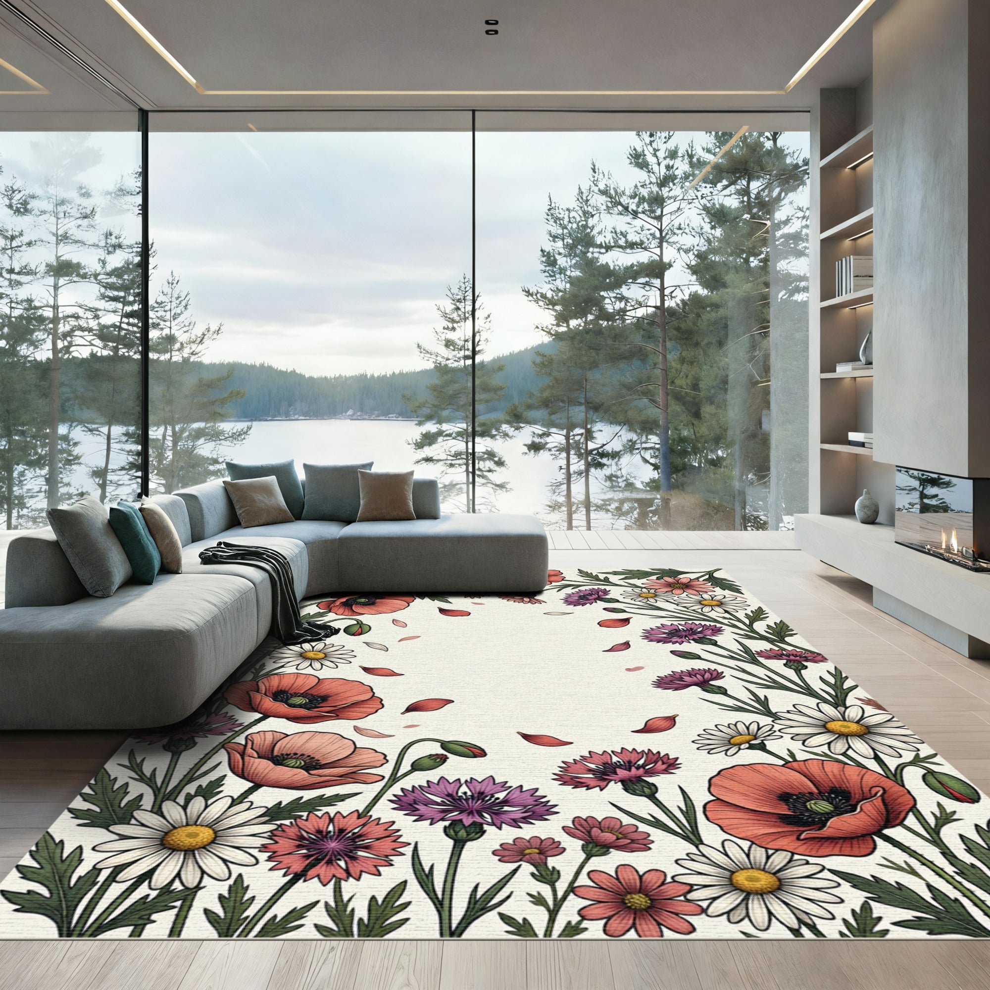 Coral Poppy Daisy Cornflower Garden Rug