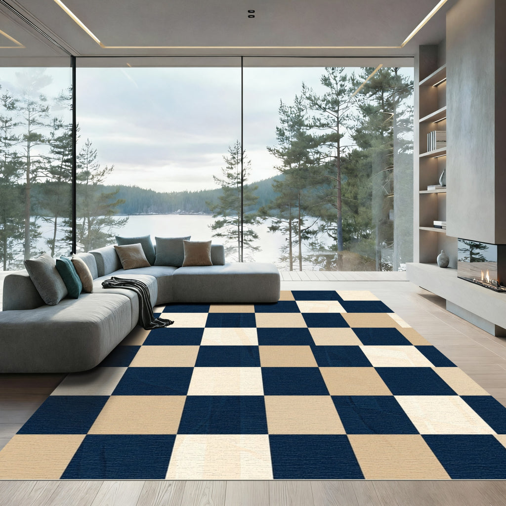 Modern Navy and Beige Checkered Grid Rug