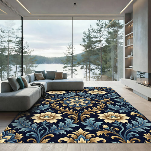 Antique Blue Golden Floral Damask Rug