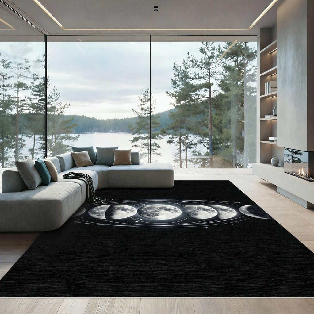 Lunar Phases White Swirls Night Sky Rug
