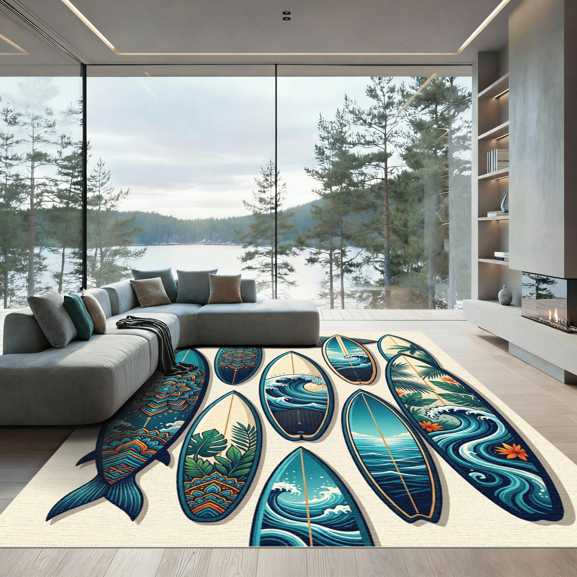 Teal Tropical Wave and Mandala Medallion Rug
