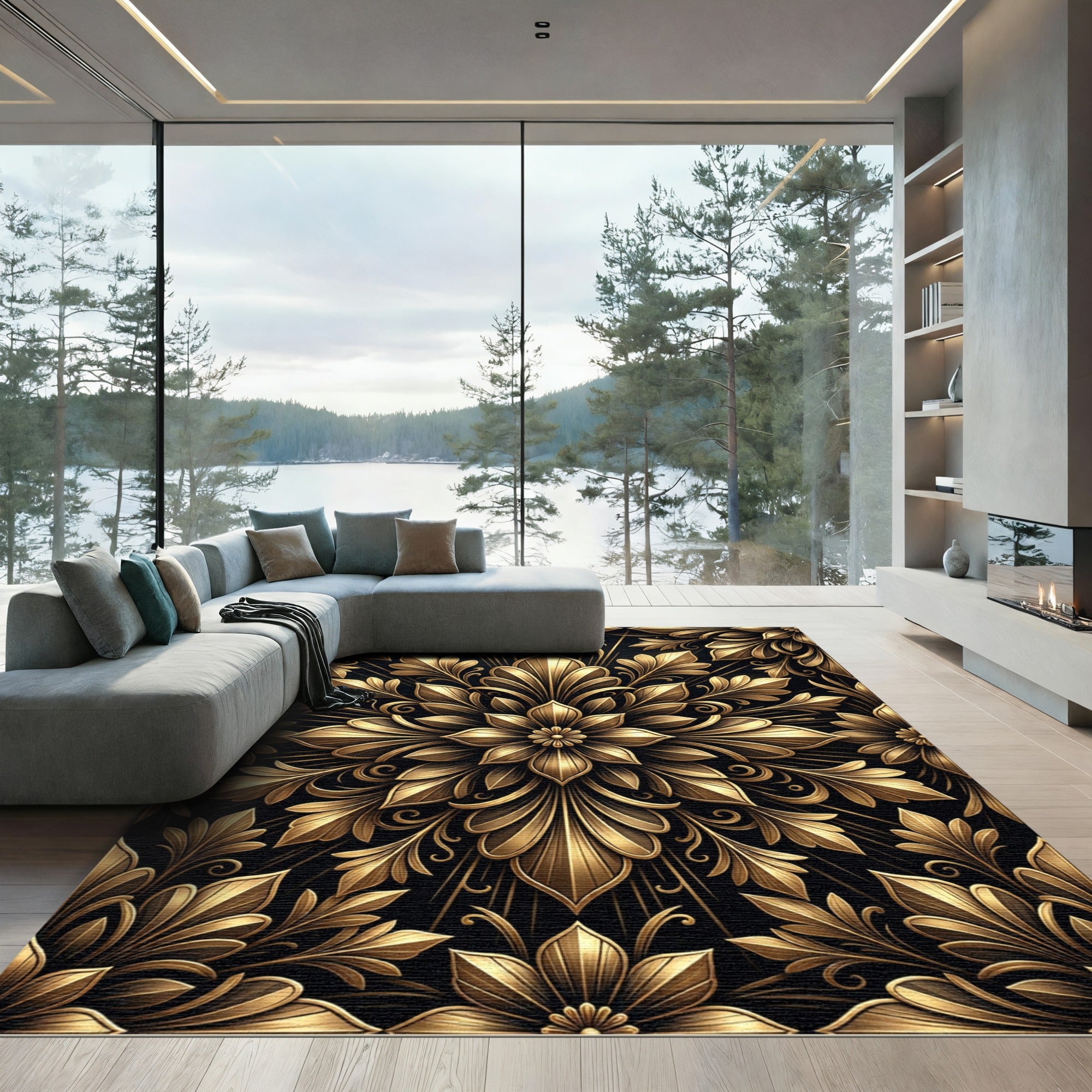 Elegant Metallic Gold Floral Filigree Medallion Rug