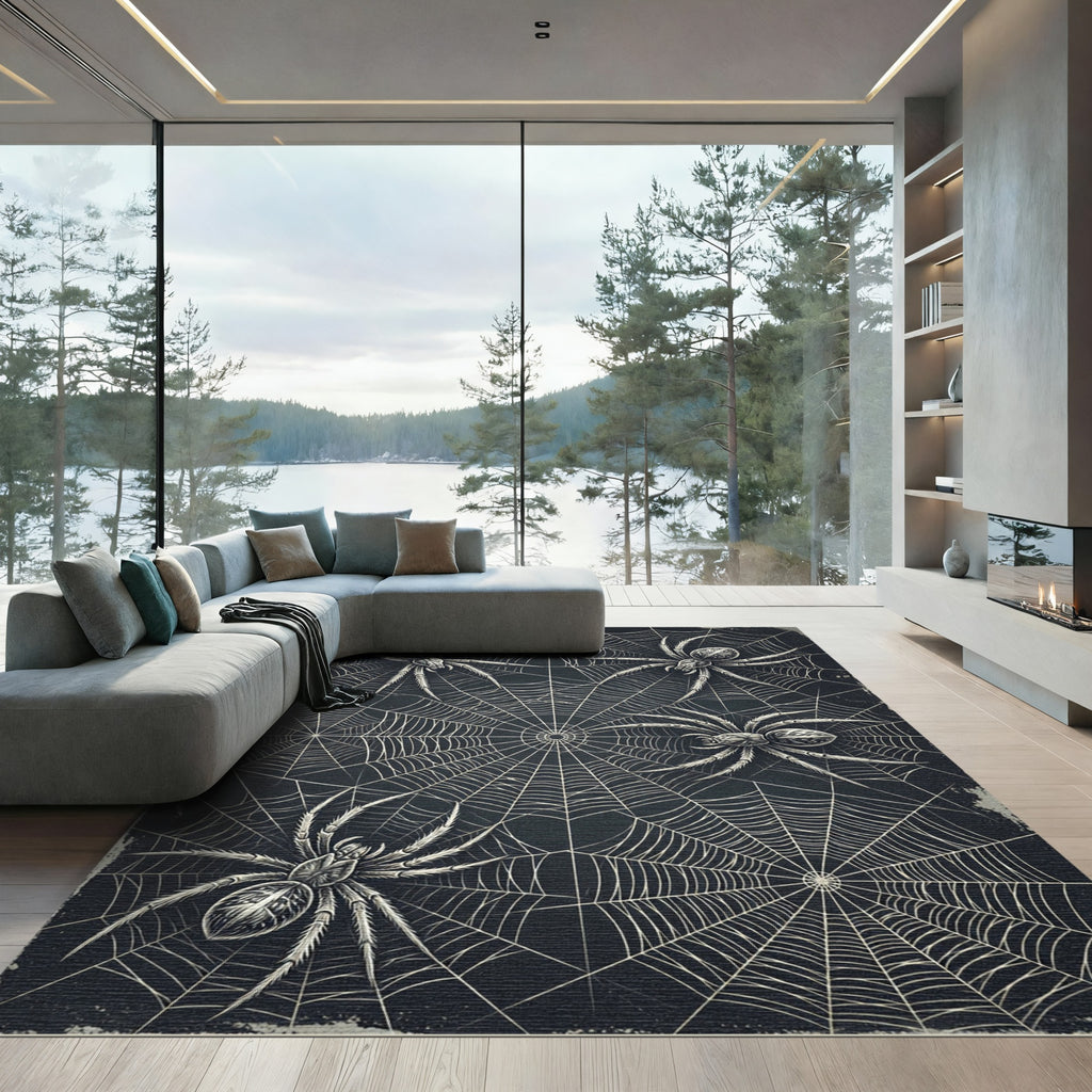 Gothic Monochrome Spider Web Illustration Rug