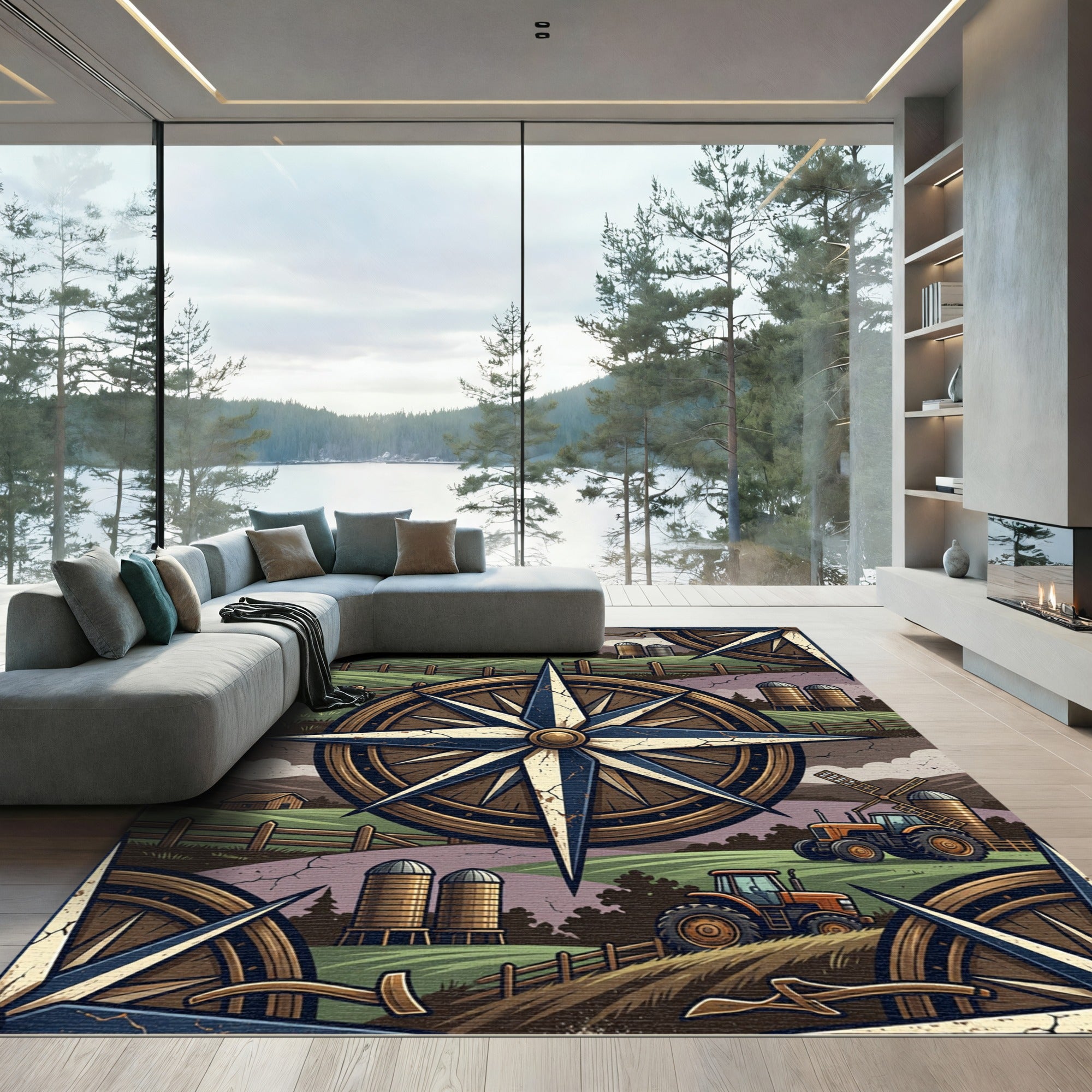 Rustic Farmhouse Compass Landscape Art Rug