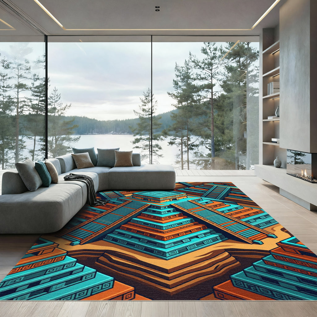 Isometric Aztec Teal and Orange Pyramid Rug