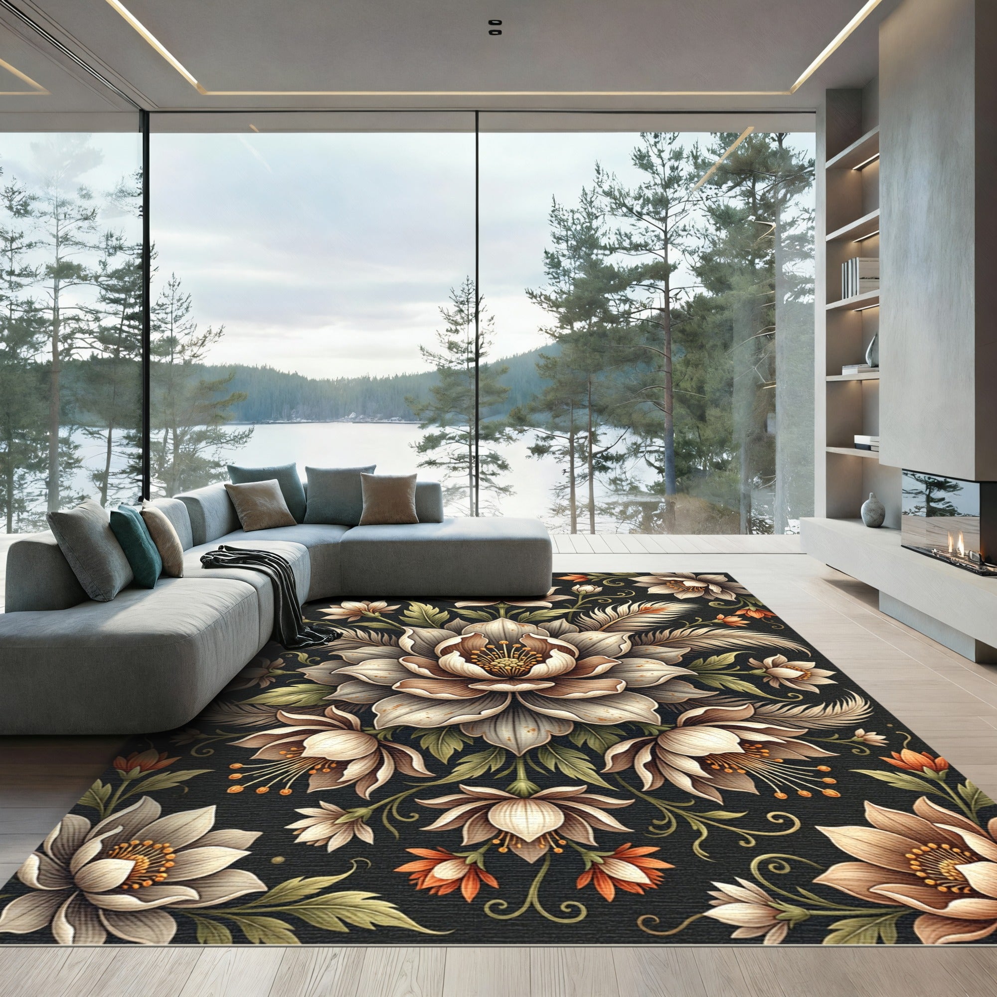 Elegant Floral Swirl Cream Sepia Rug