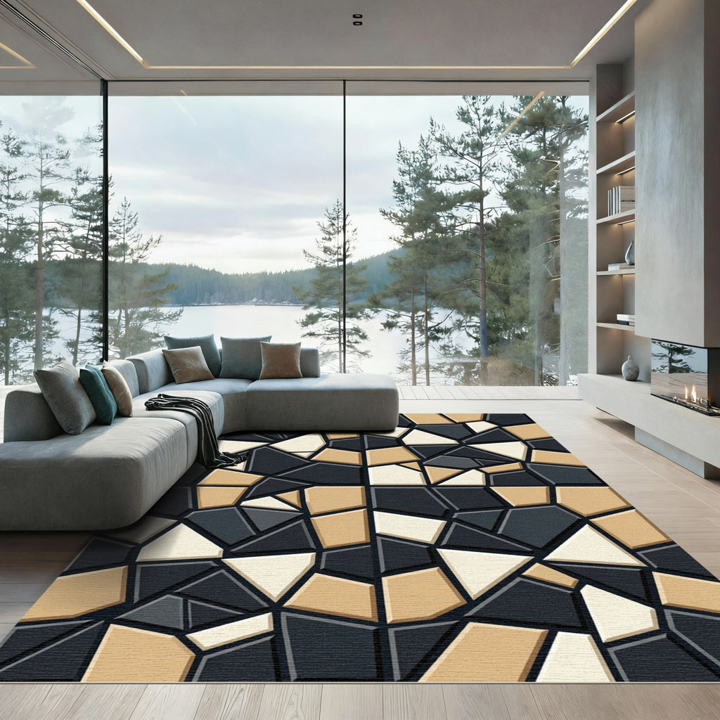 Modern Beige Gray Geometric Mosaic Rug