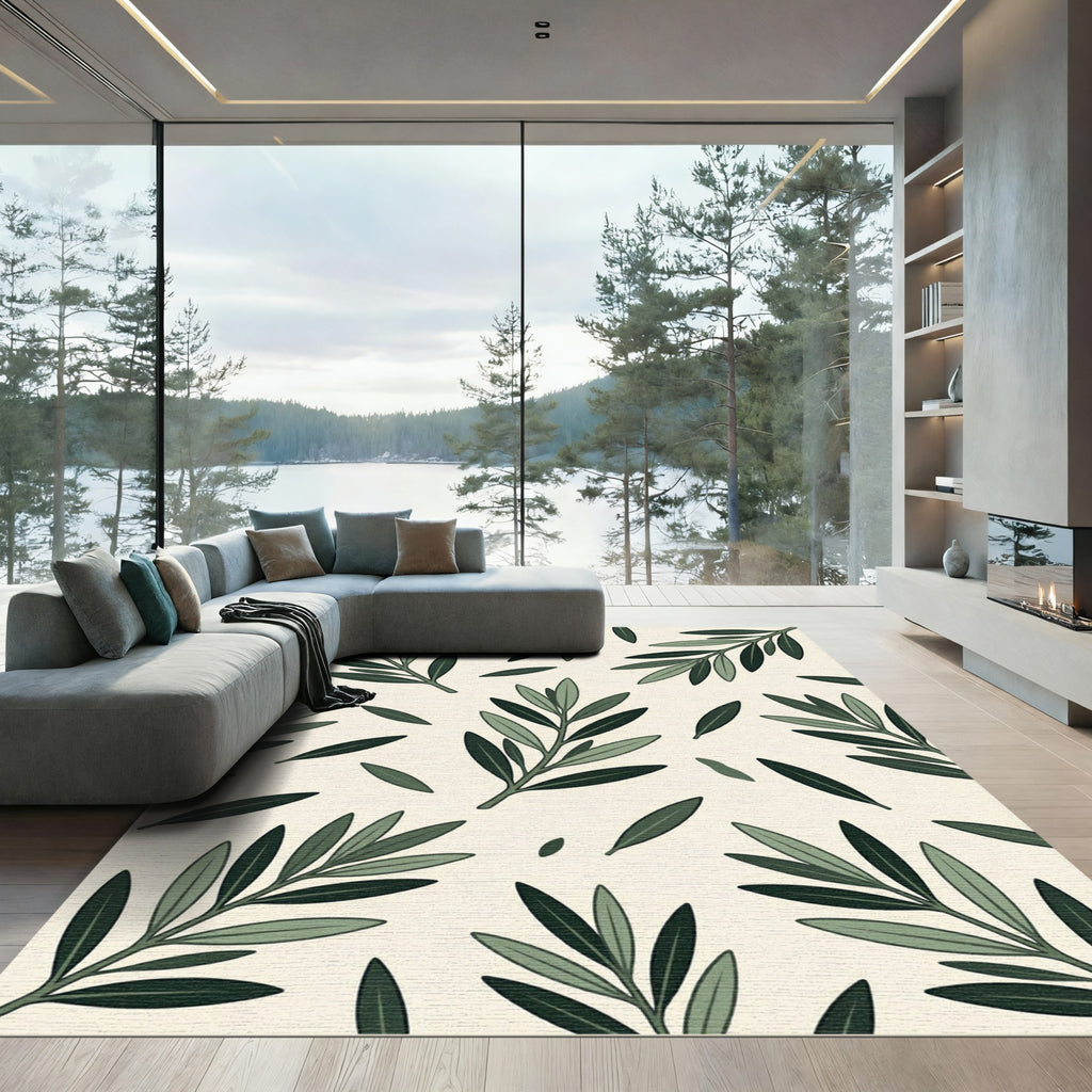 Elegant Sage Olive Branch Botanical Rug