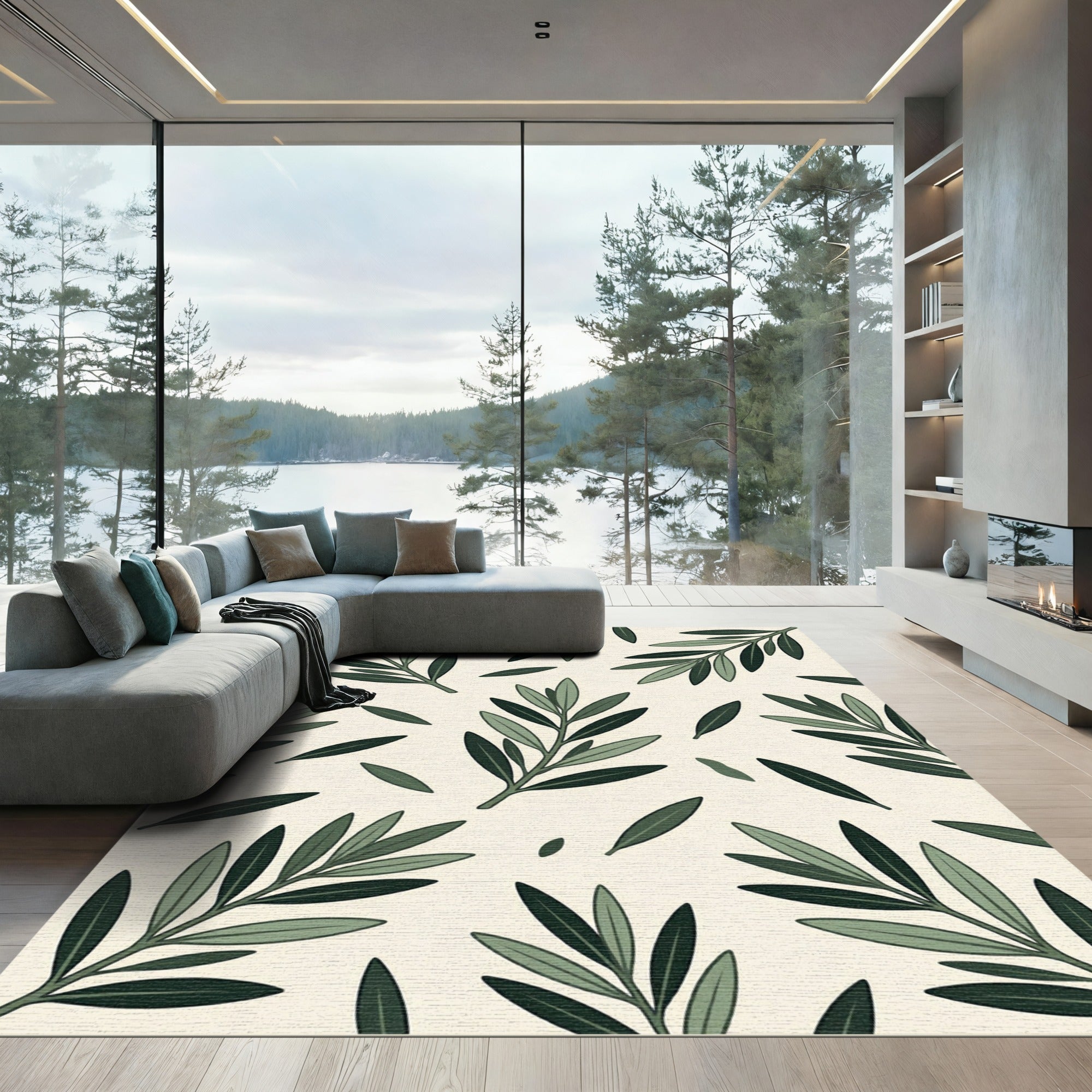 Elegant Sage Olive Branch Botanical Rug