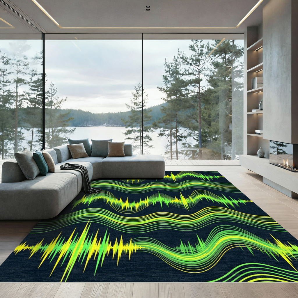 Vibrant Lime Green Waveform Lines Rug
