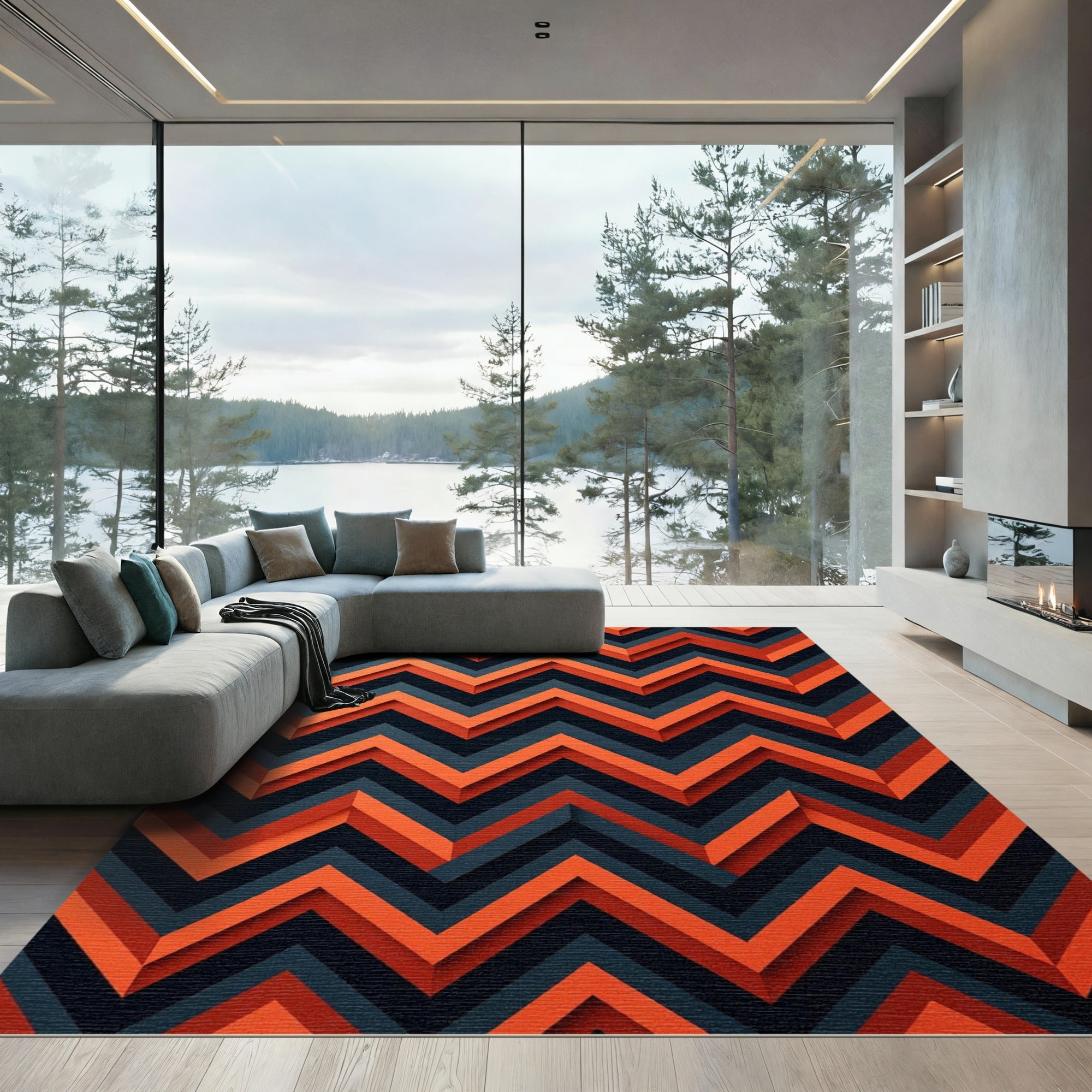 Bold Orange Chevron Layered Rug