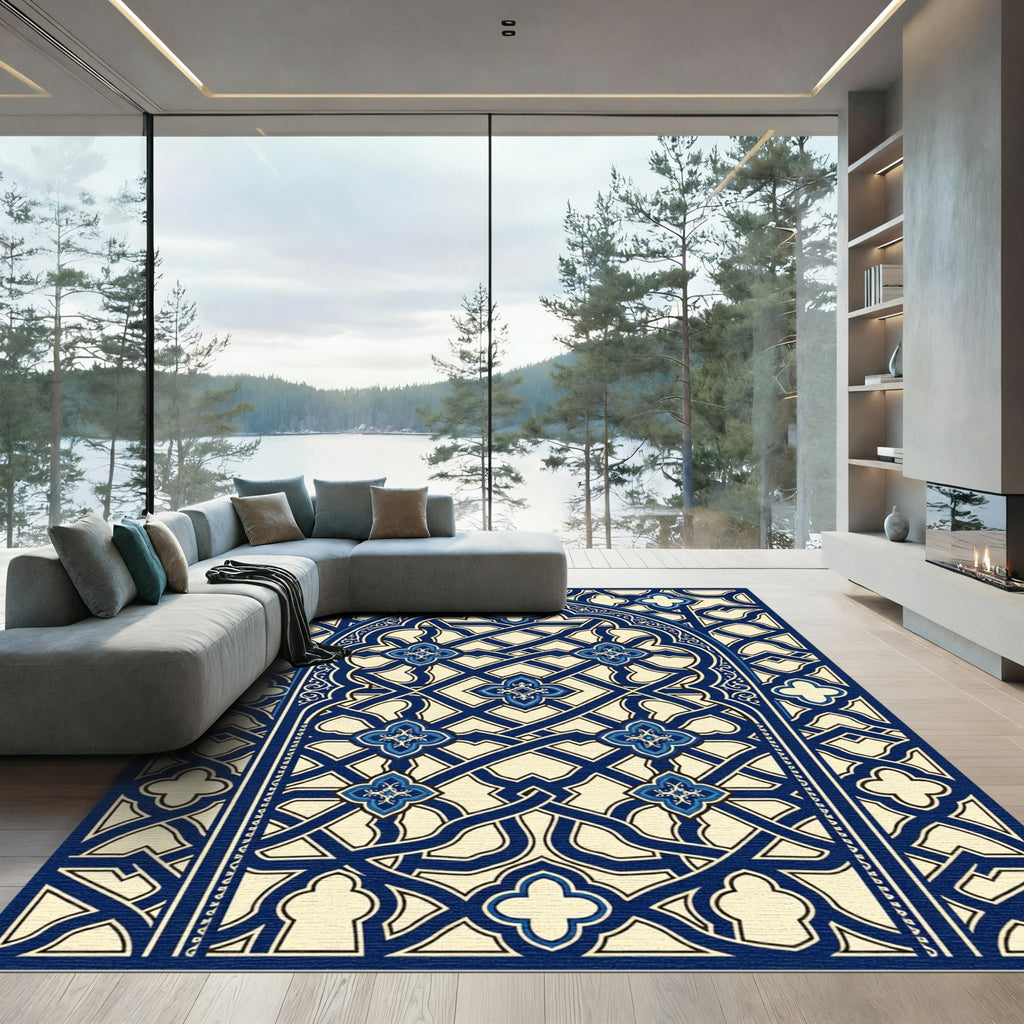 Ornate Navy Blue Geometric Arched Tapestry Rug