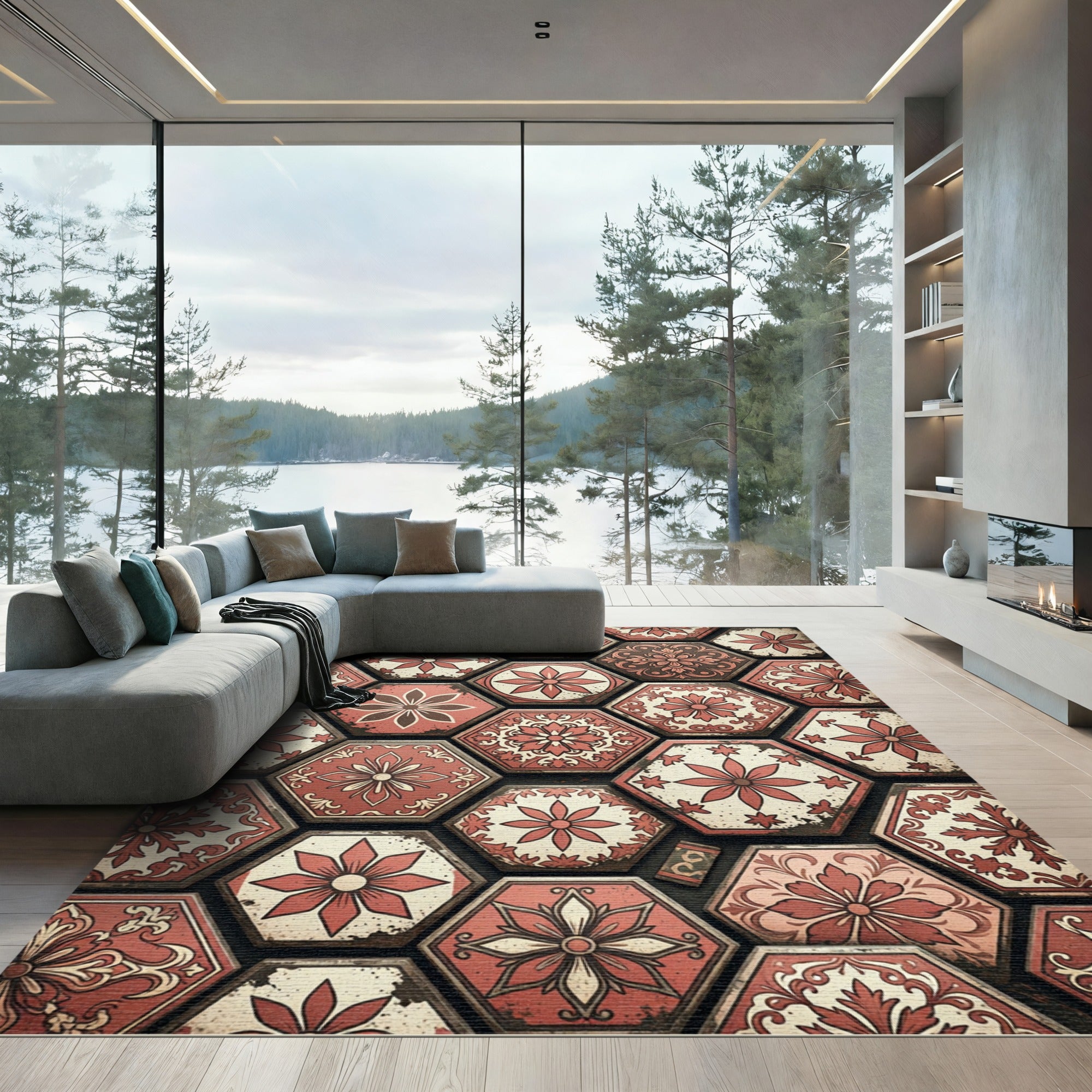 Vintage Red Floral Hexagon Medallion Rug