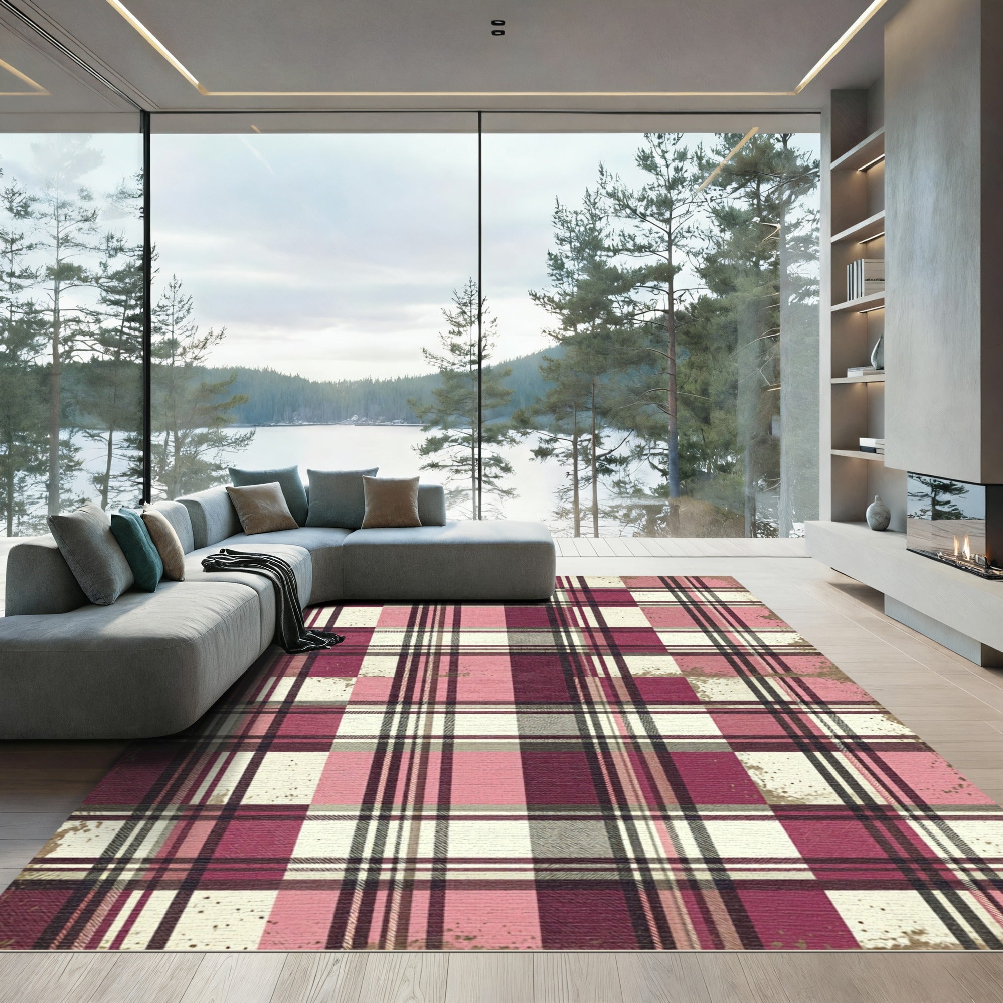 Distressed Pink and Burgundy Plaid Check Rug