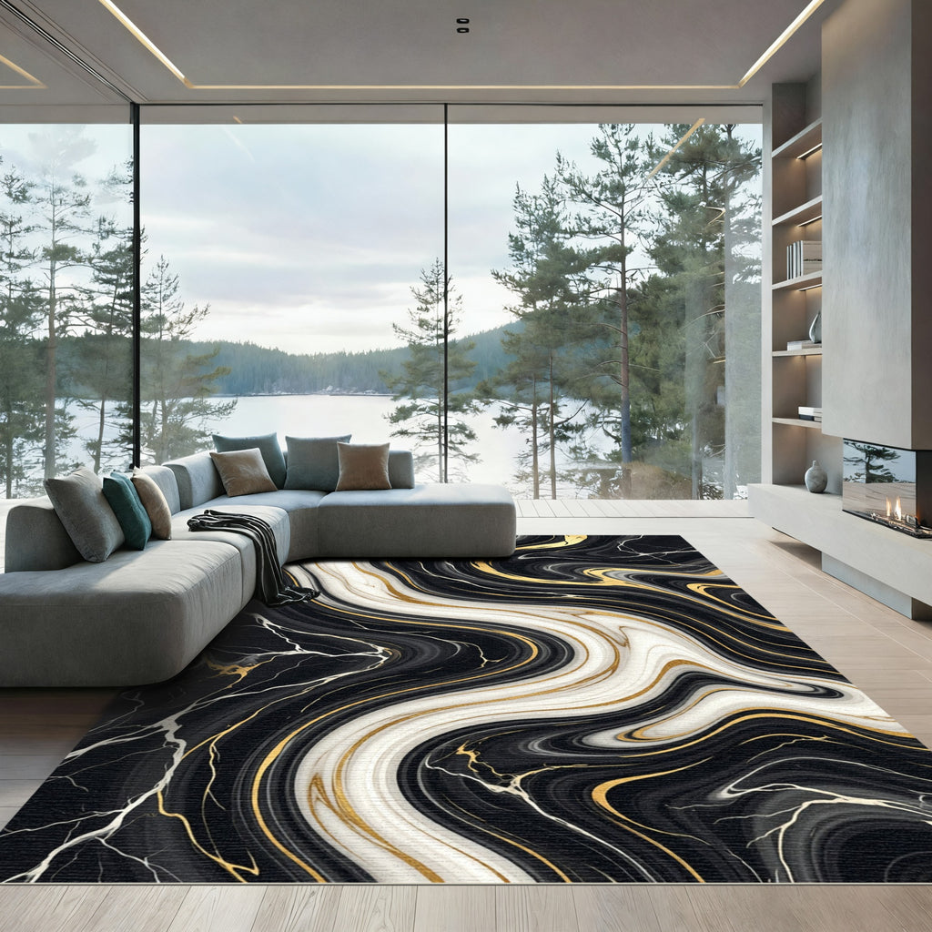 Black and White Marble Gold Swirl Rug
