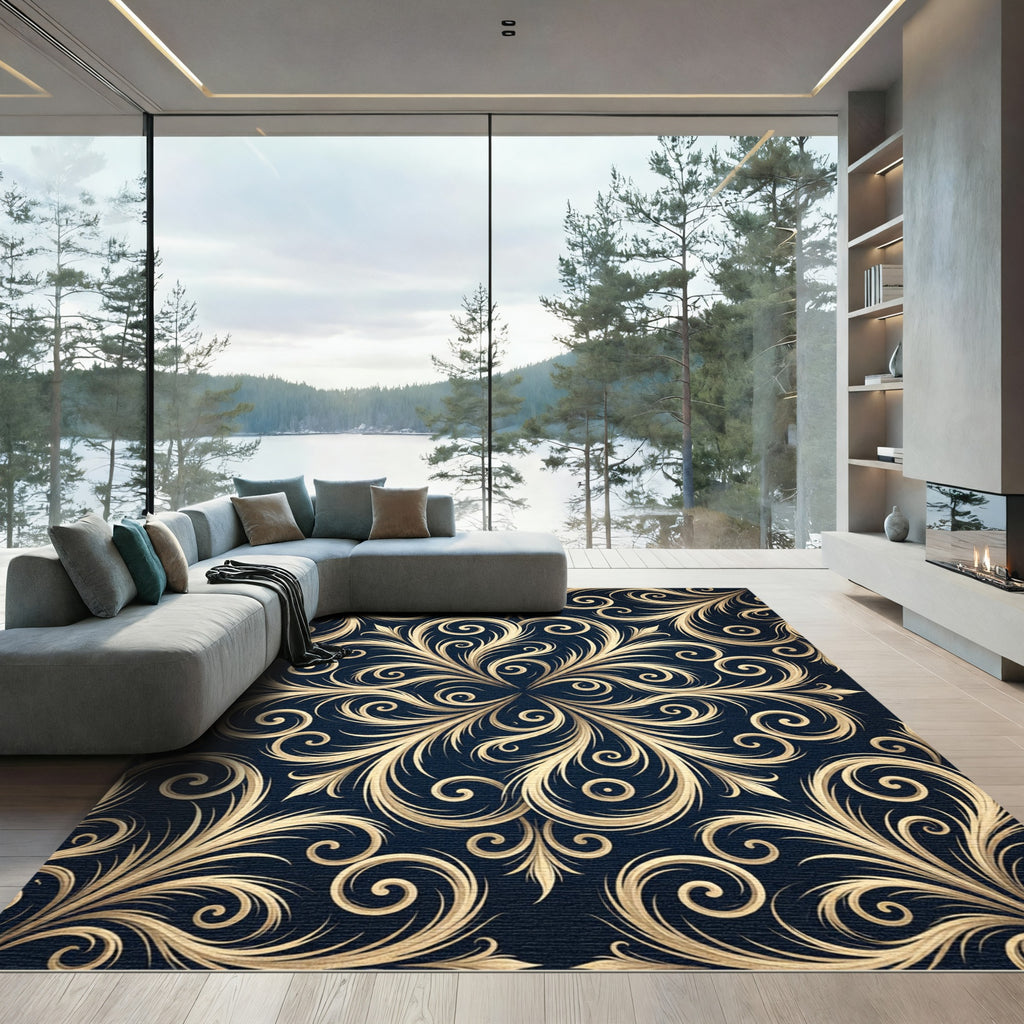Elegant Golden Scrollwork Navy Medallion Rug