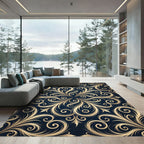 Elegant Golden Scrollwork Navy Medallion Rug