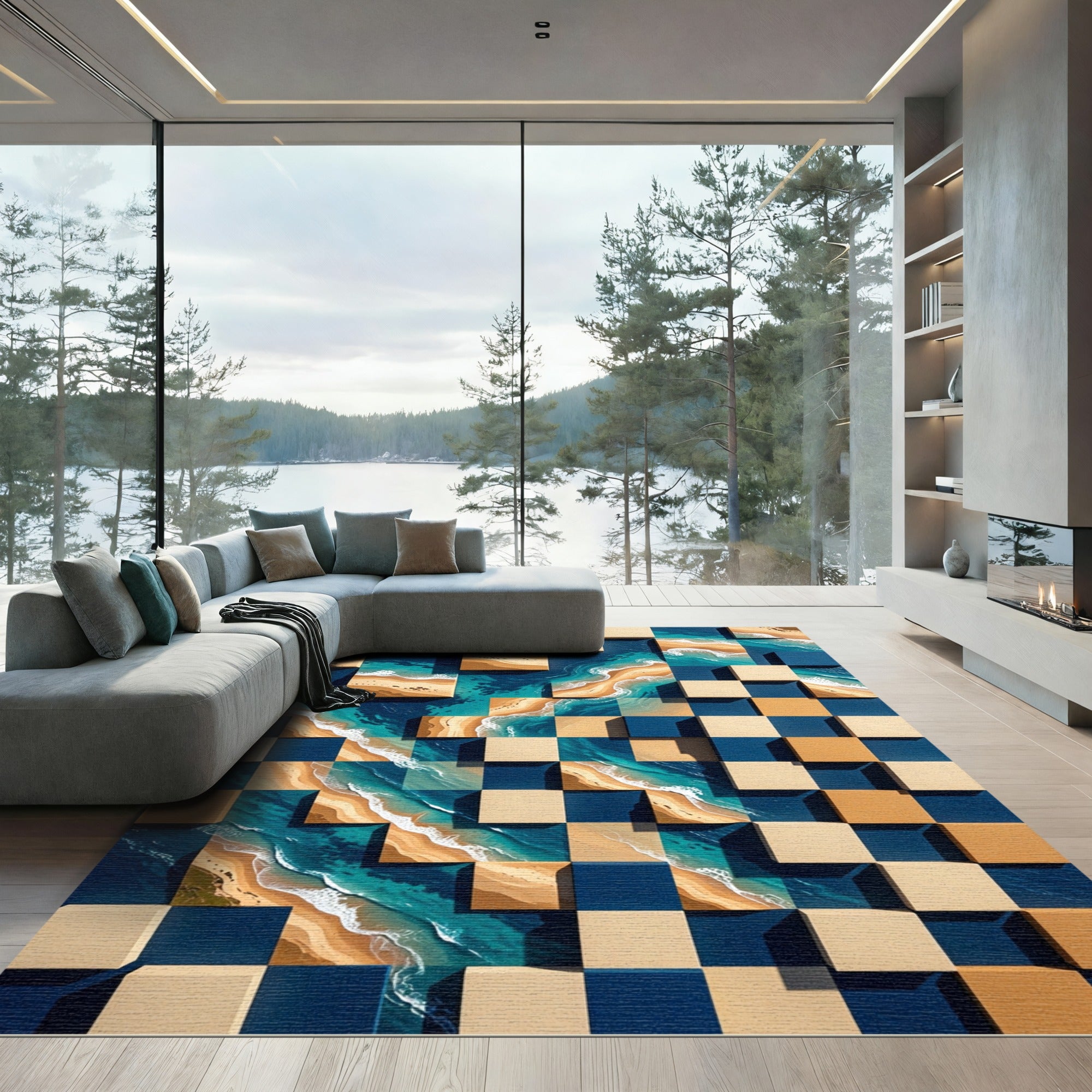 Abstract Coastal Tiled Ocean Shore Rug