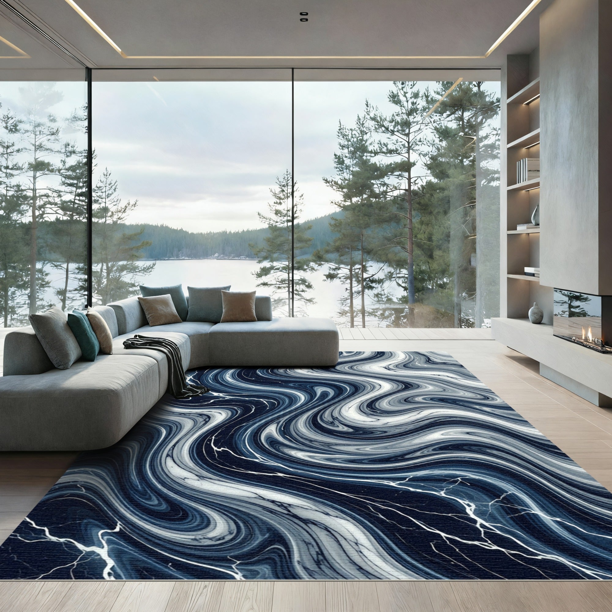 Deep Blue Marble Vein Swirl Rug