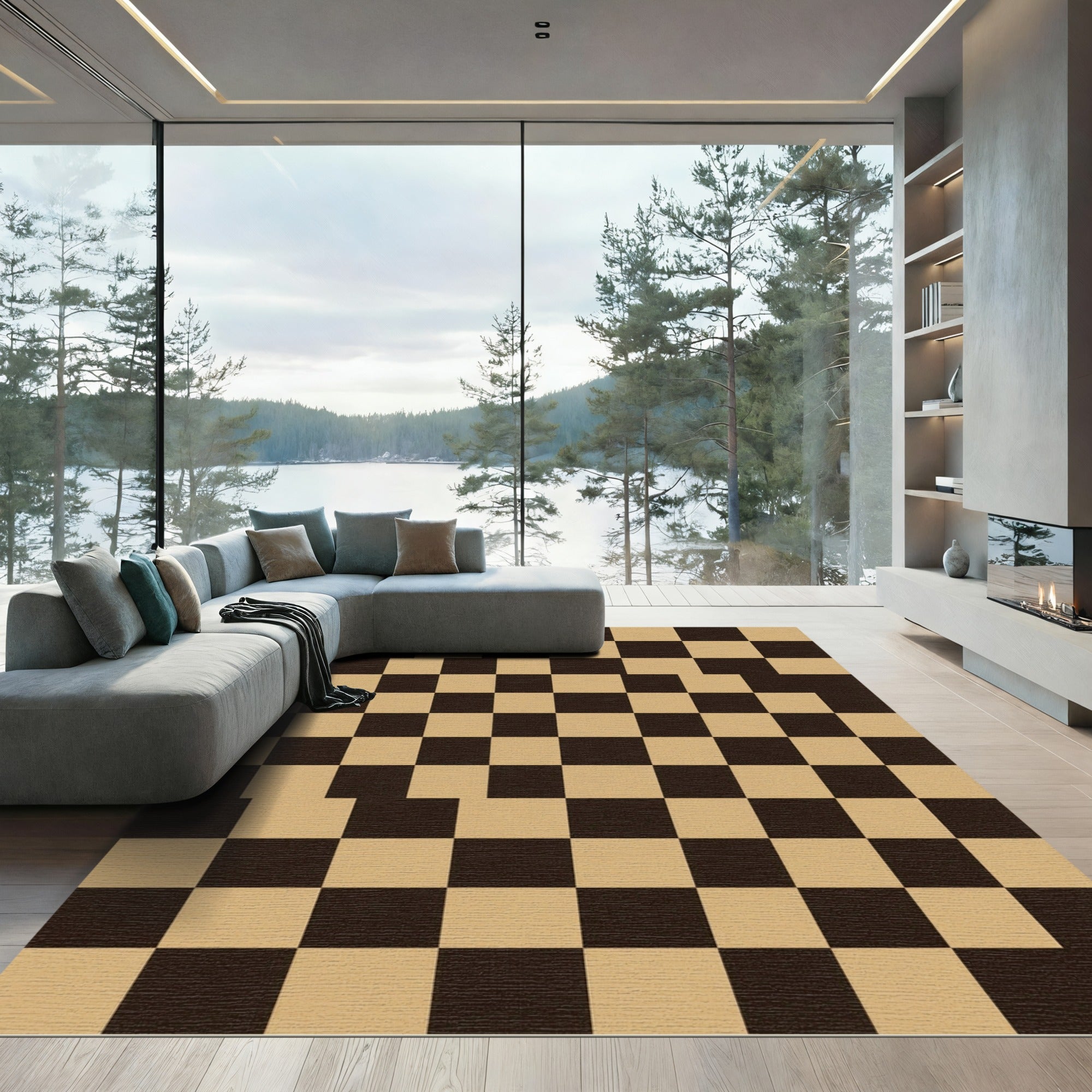 Abstract Beige and Charcoal Checkerboard Rug
