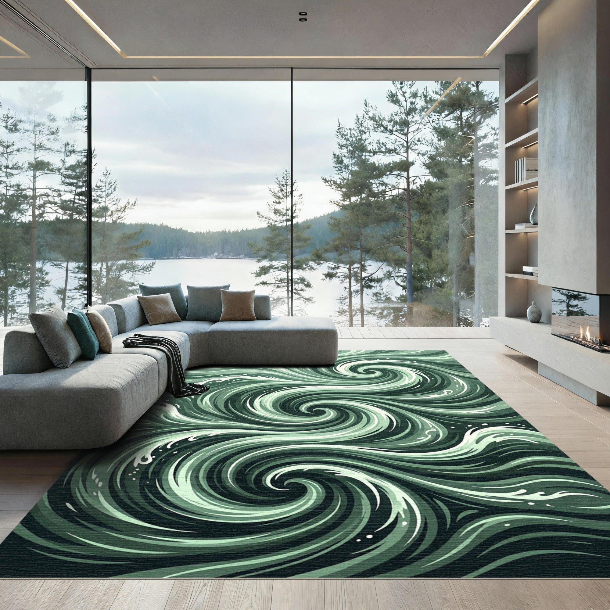 Ethereal Sage Green Swirling Wave Rug