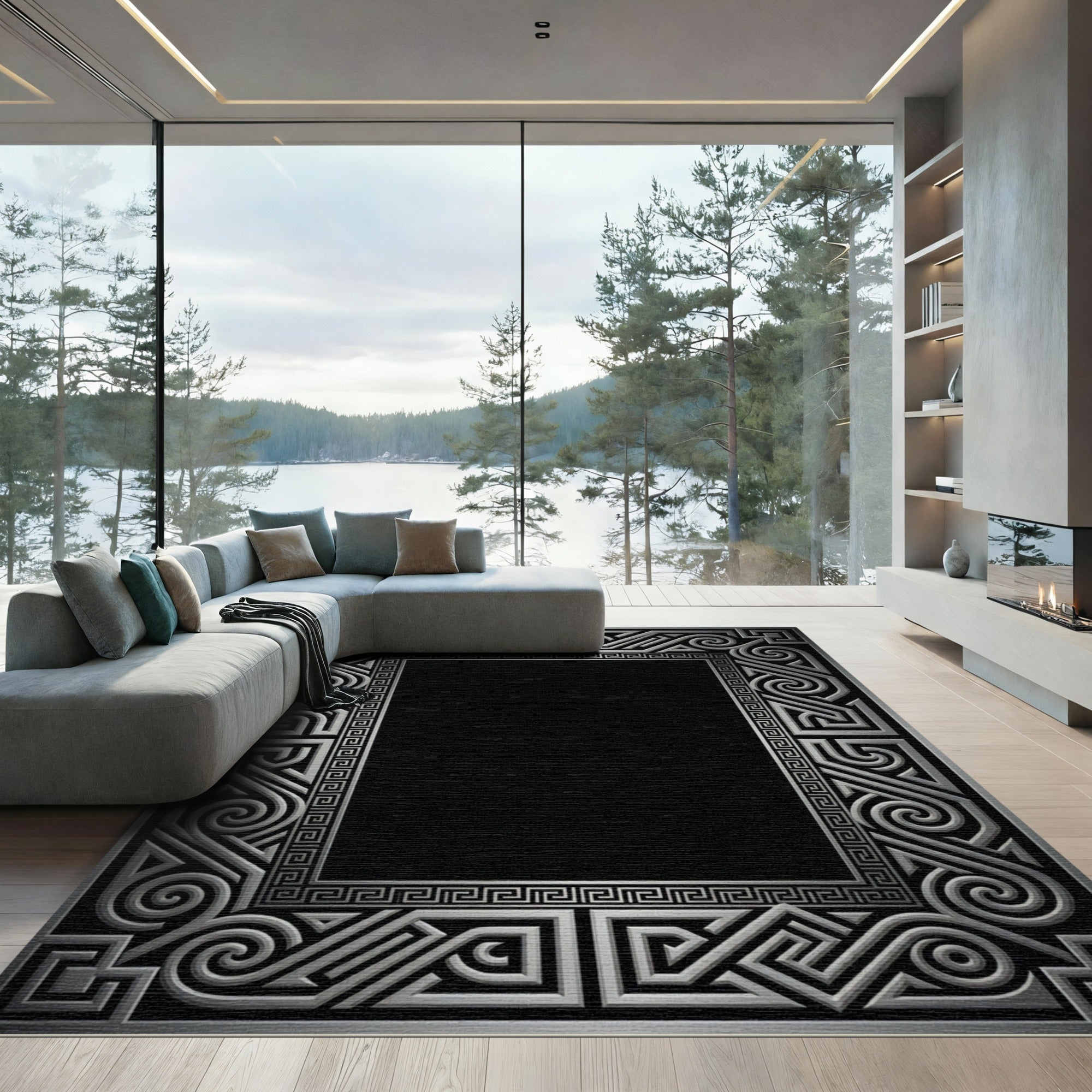 Silver Gray Geometric Interlocking Band Rug