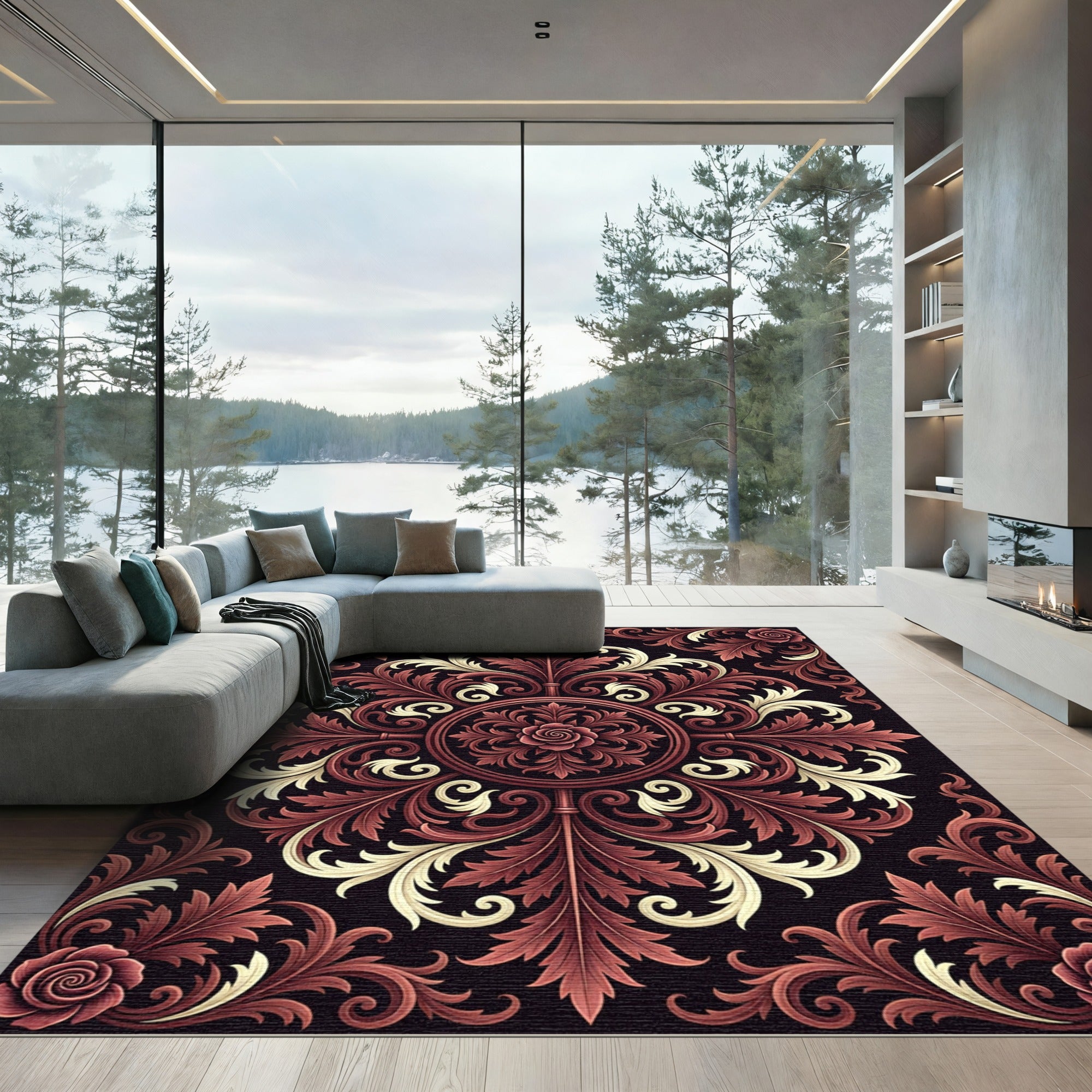 Crimson Rose Scrollwork Ornamental Rug