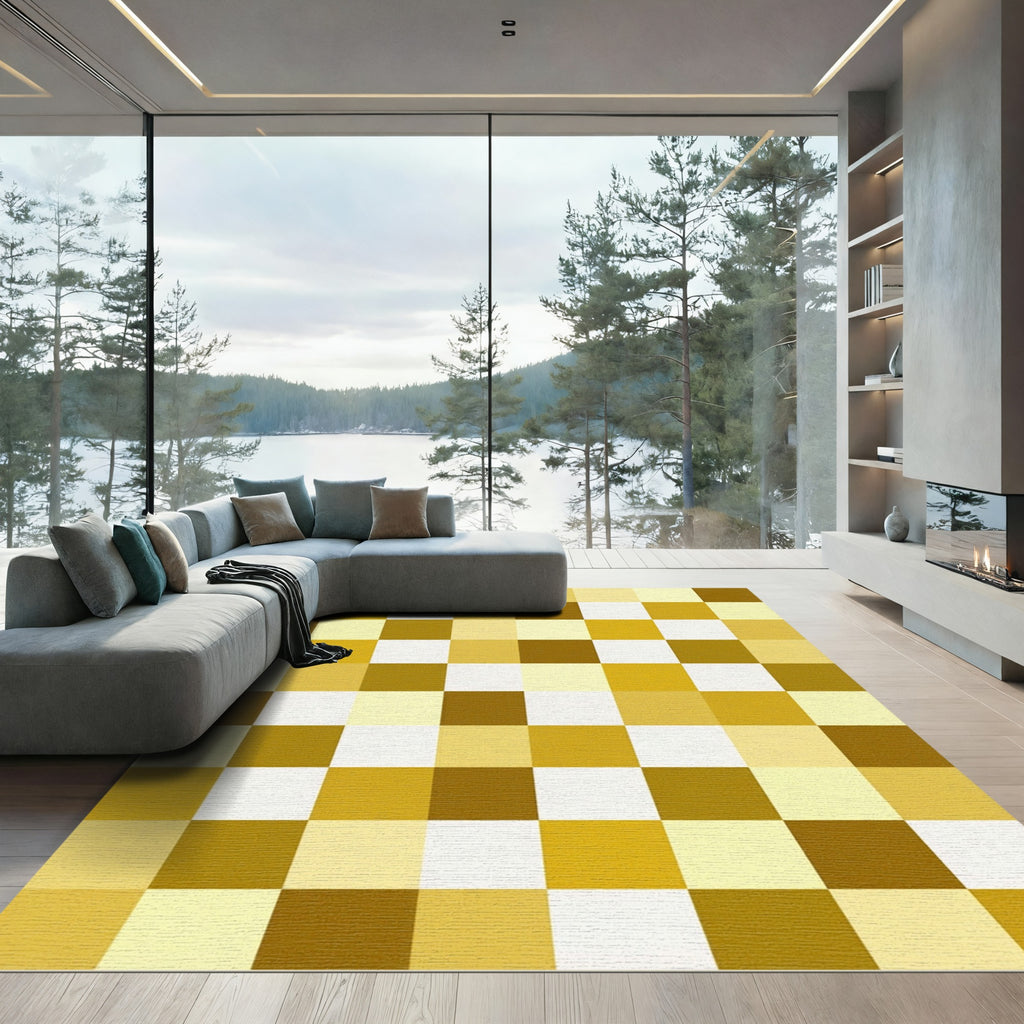 Modern Ochre Gold Geometric Grid Rug