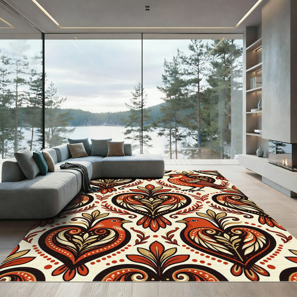 Rustic Folk Heart Bird Wheat Field Rug