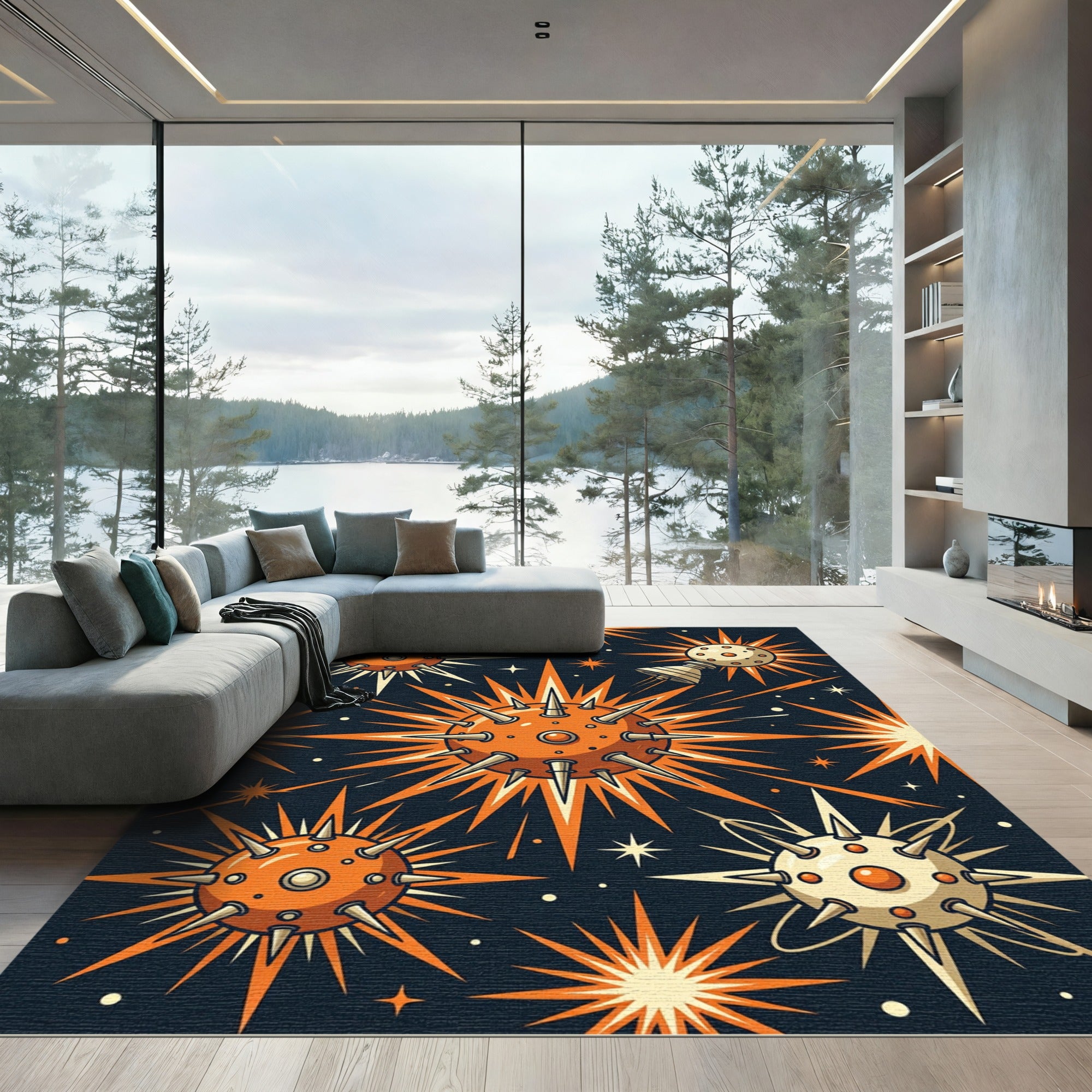 Celestial Orange Spiky Starburst Sphere Rug