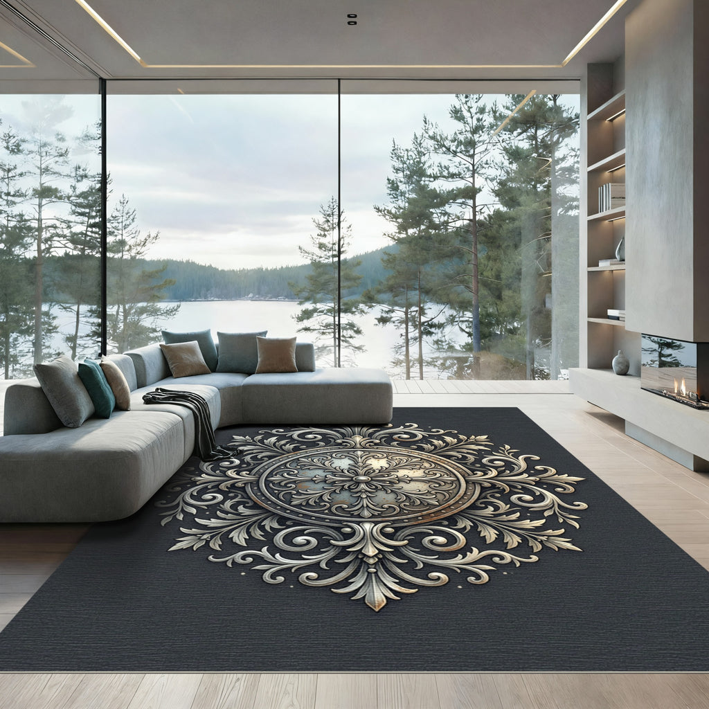 Elegant Silver Ornate Filigree Medallion Rug