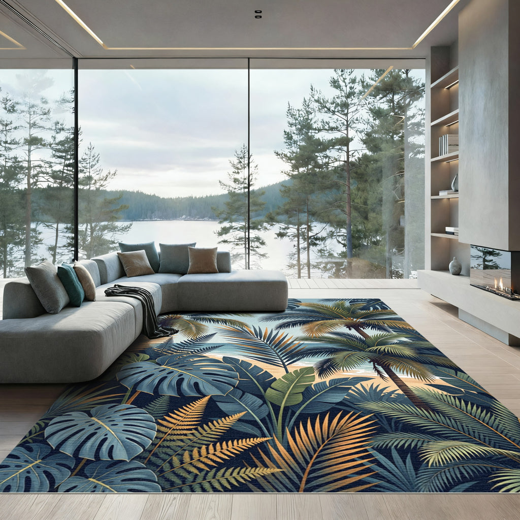 Lush Tropical Palm Leaf Beach Scene Rug