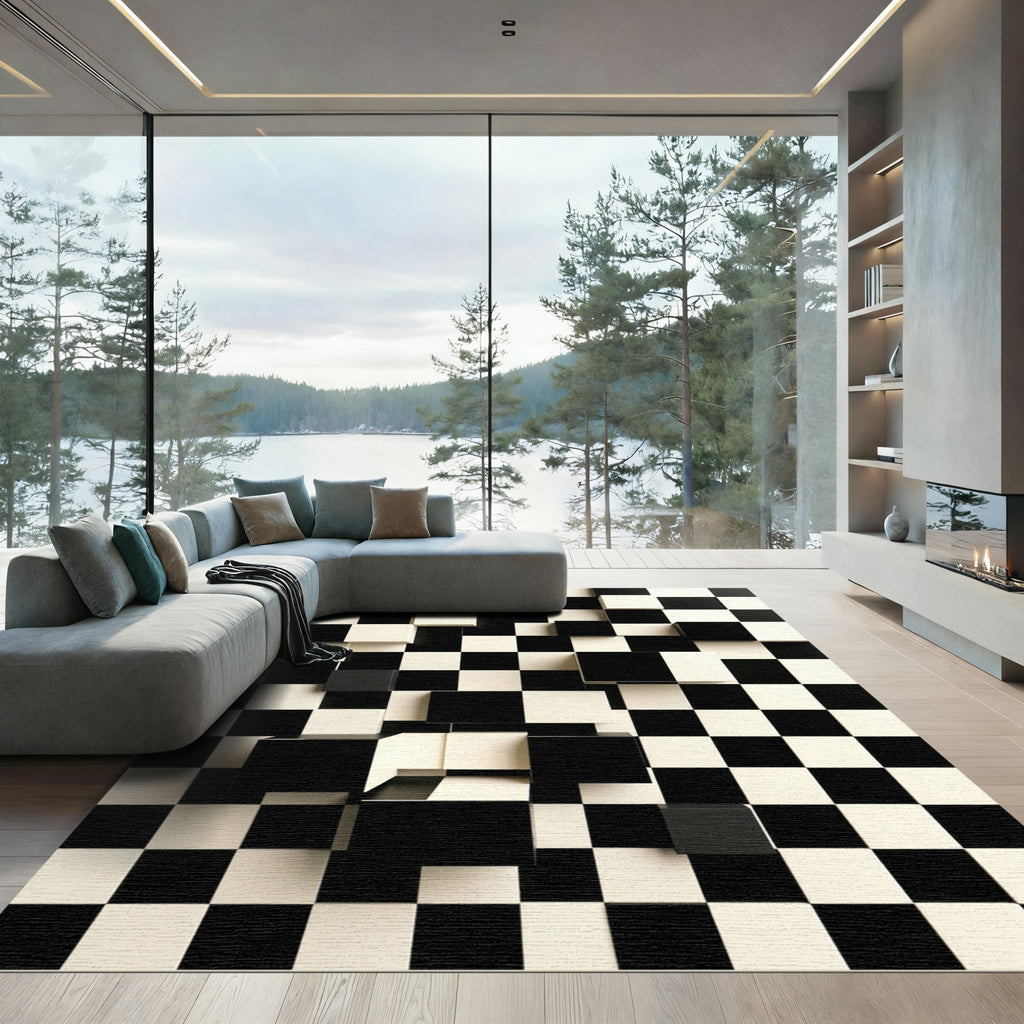 Black White Checkerboard Cube Illusion Rug