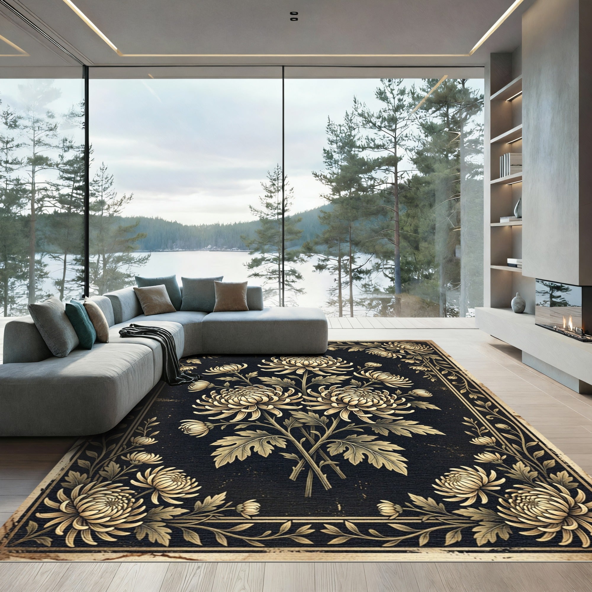 Vintage Gold Black Floral Chrysanthemum Illustration Rug