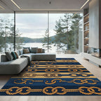 Nautical Blue Gold Rope Stripes Rug