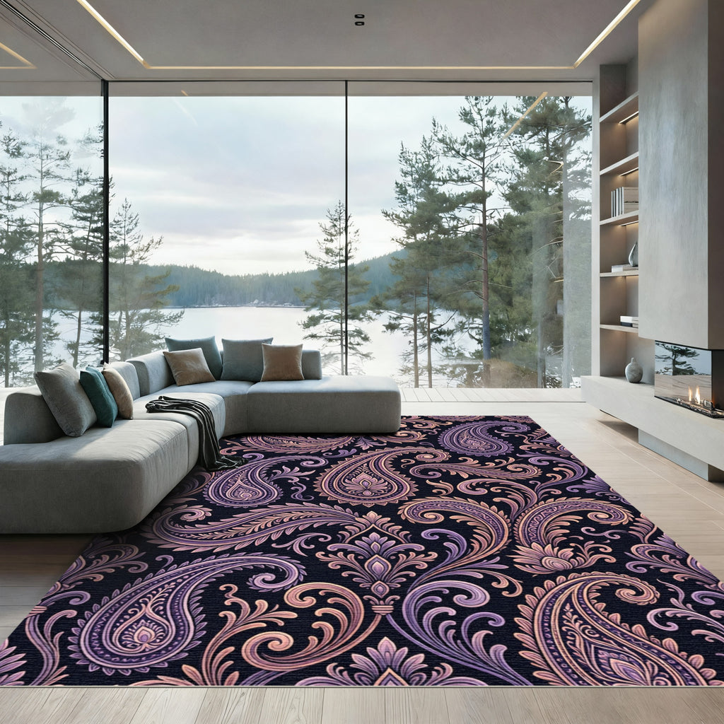 Ornate Paisley Floral Purple Gold Rug