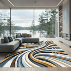 Modern Gold and Gray Abstract Swirl Rug