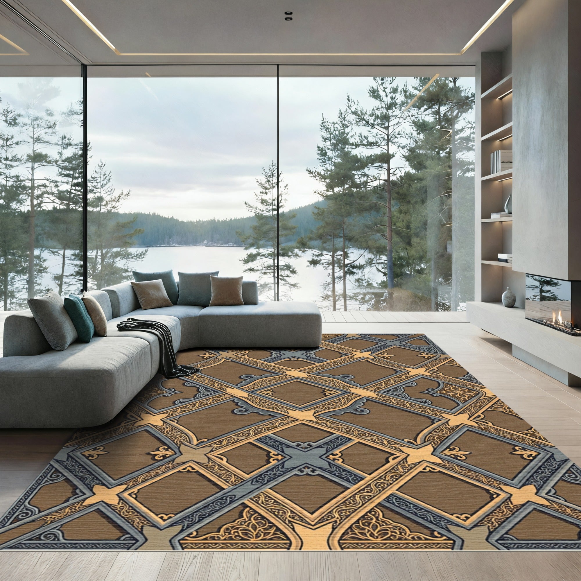 Ornate Brown Gold Blue Lattice Rug