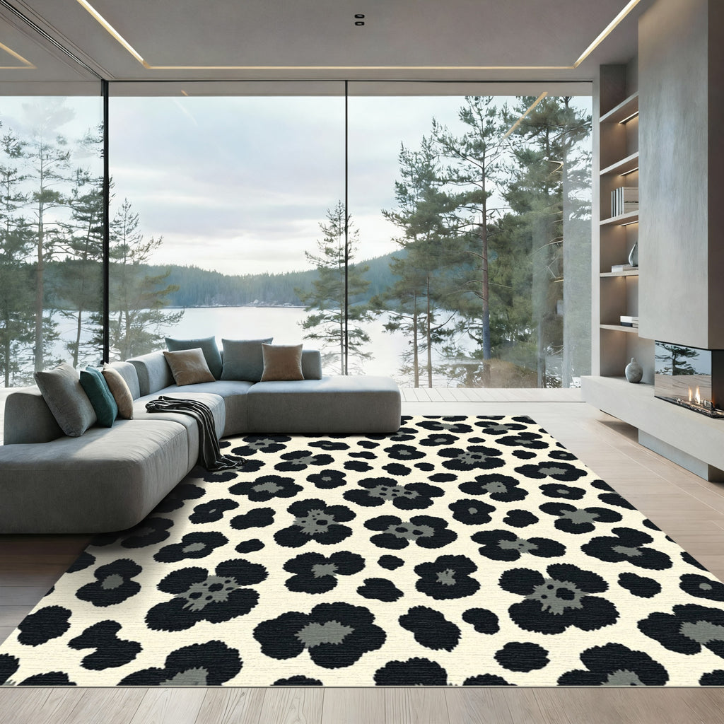 Black Gray Floral Animal Print Rug