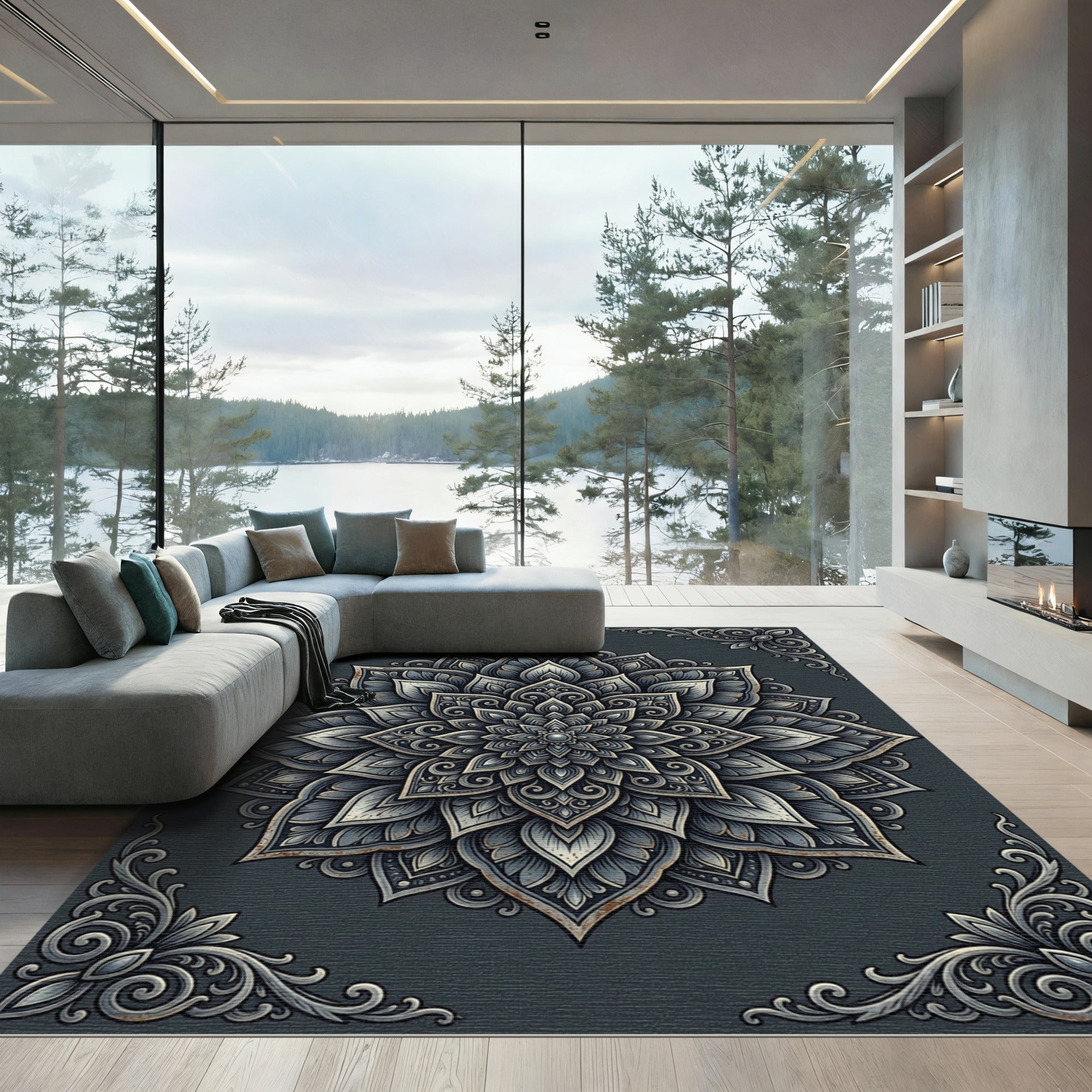 Sophisticated Charcoal Silver Floral Mandala Rug