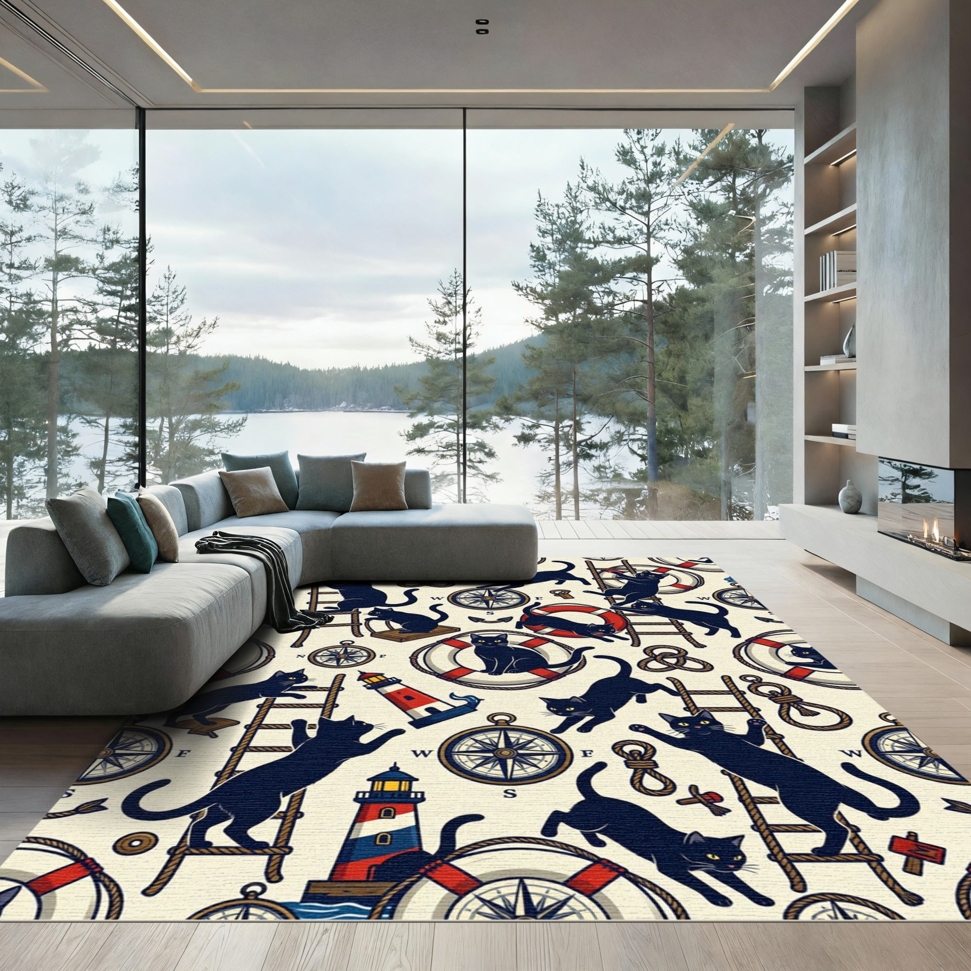 Nautical Black Cats Lighthouse Compass Rope Rug