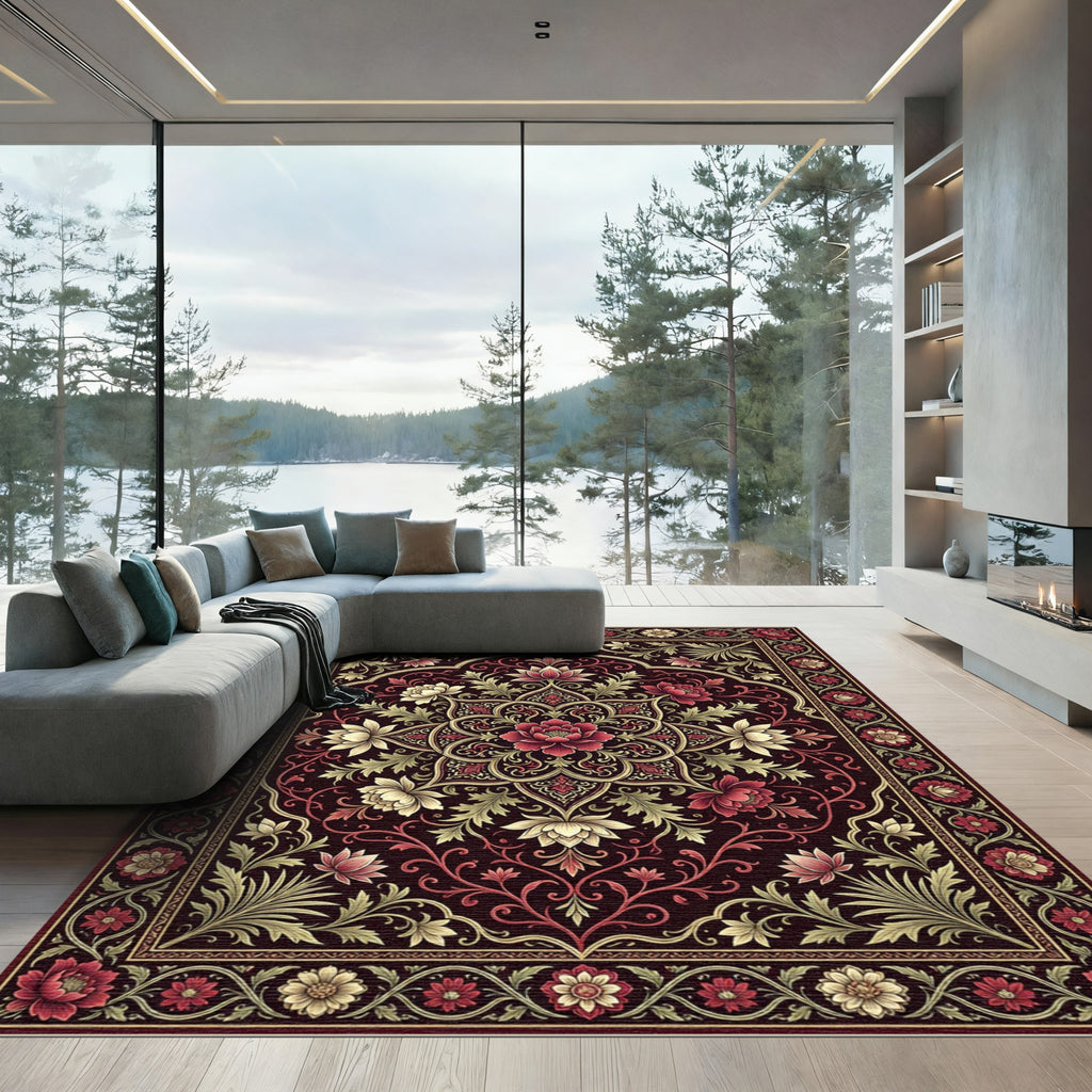 Rich Burgundy Floral Medallion Garden Rug