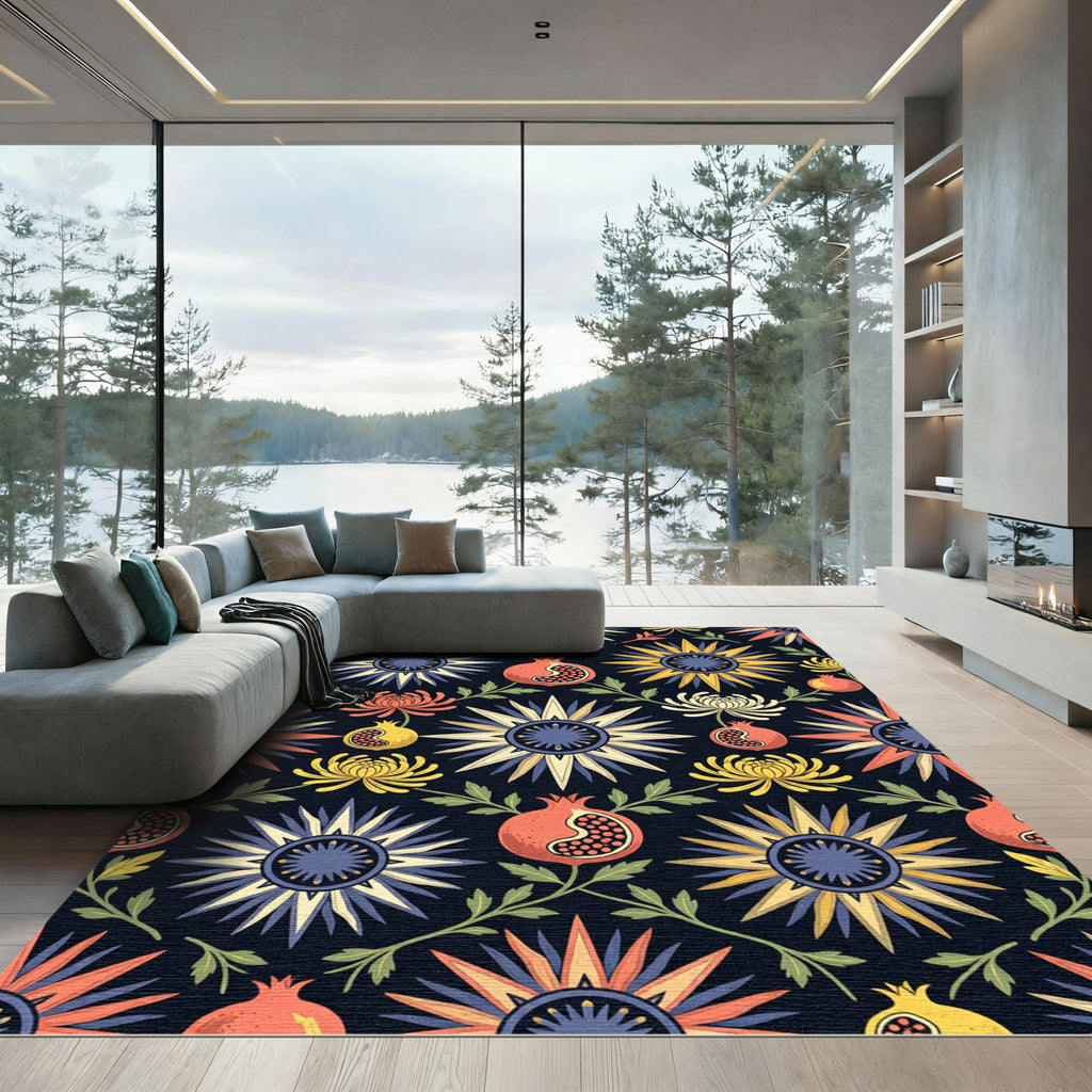 Dark Floral Botanical Pomegranate Art Rug