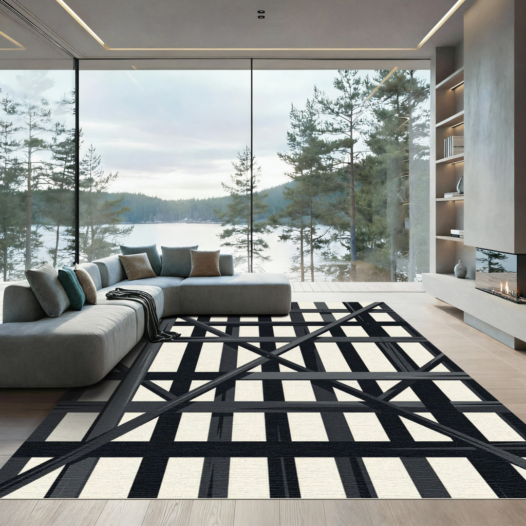 Dark Grey Lattice Grid Rug