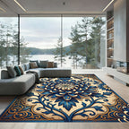 Royal Blue Golden Chrysanthemum Floral Overlay Rug