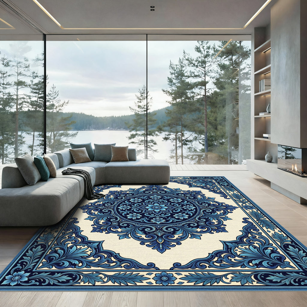 Deep Blue Floral Scroll Medallion Rug