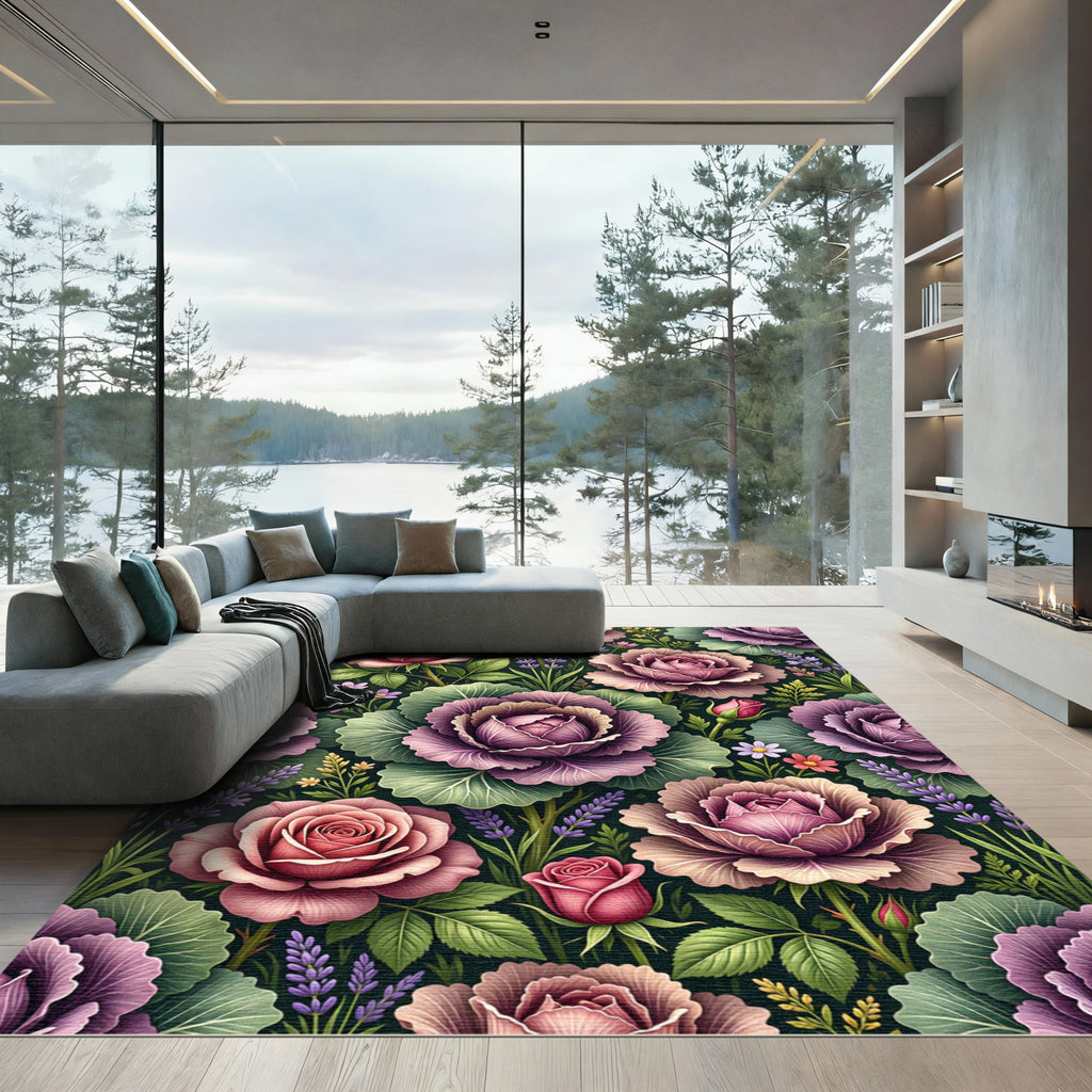 Romantic Pink Cabbage Rose Floral Garden Rug