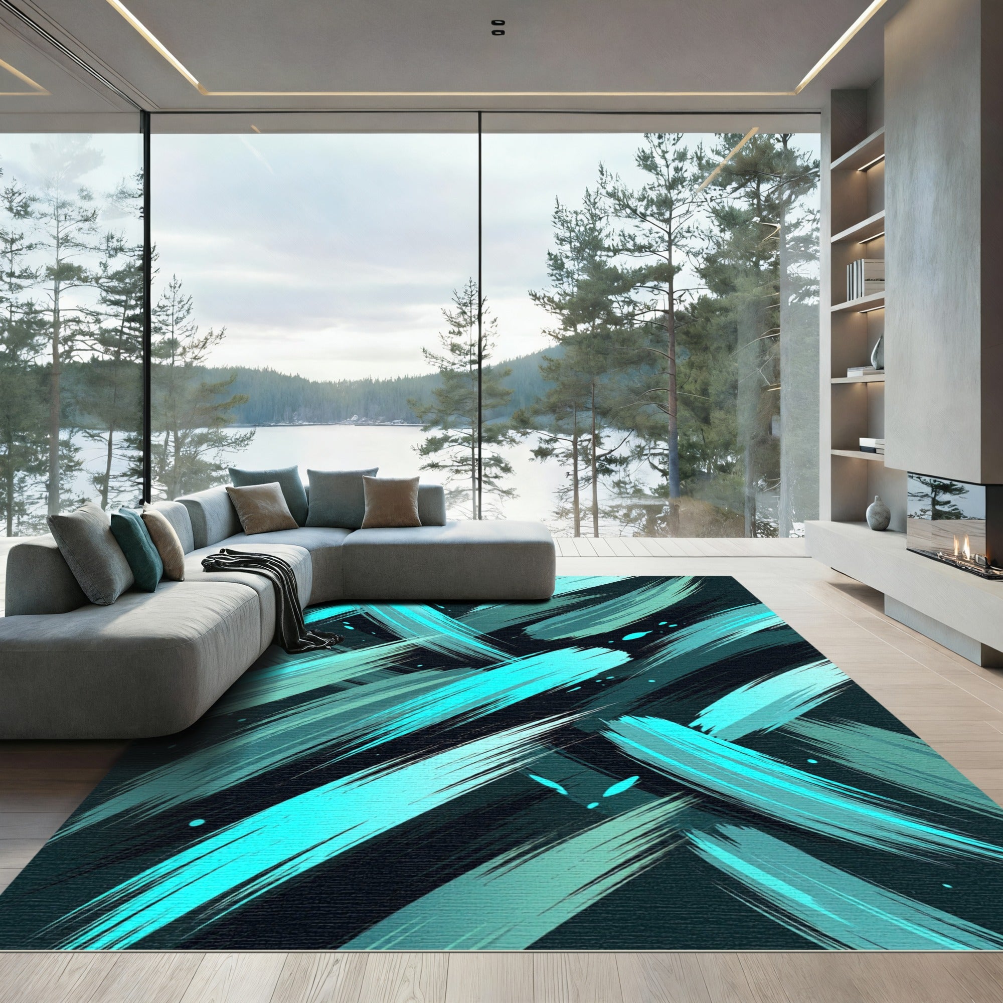 Aqua Teal Brushstrokes Abstract Rug