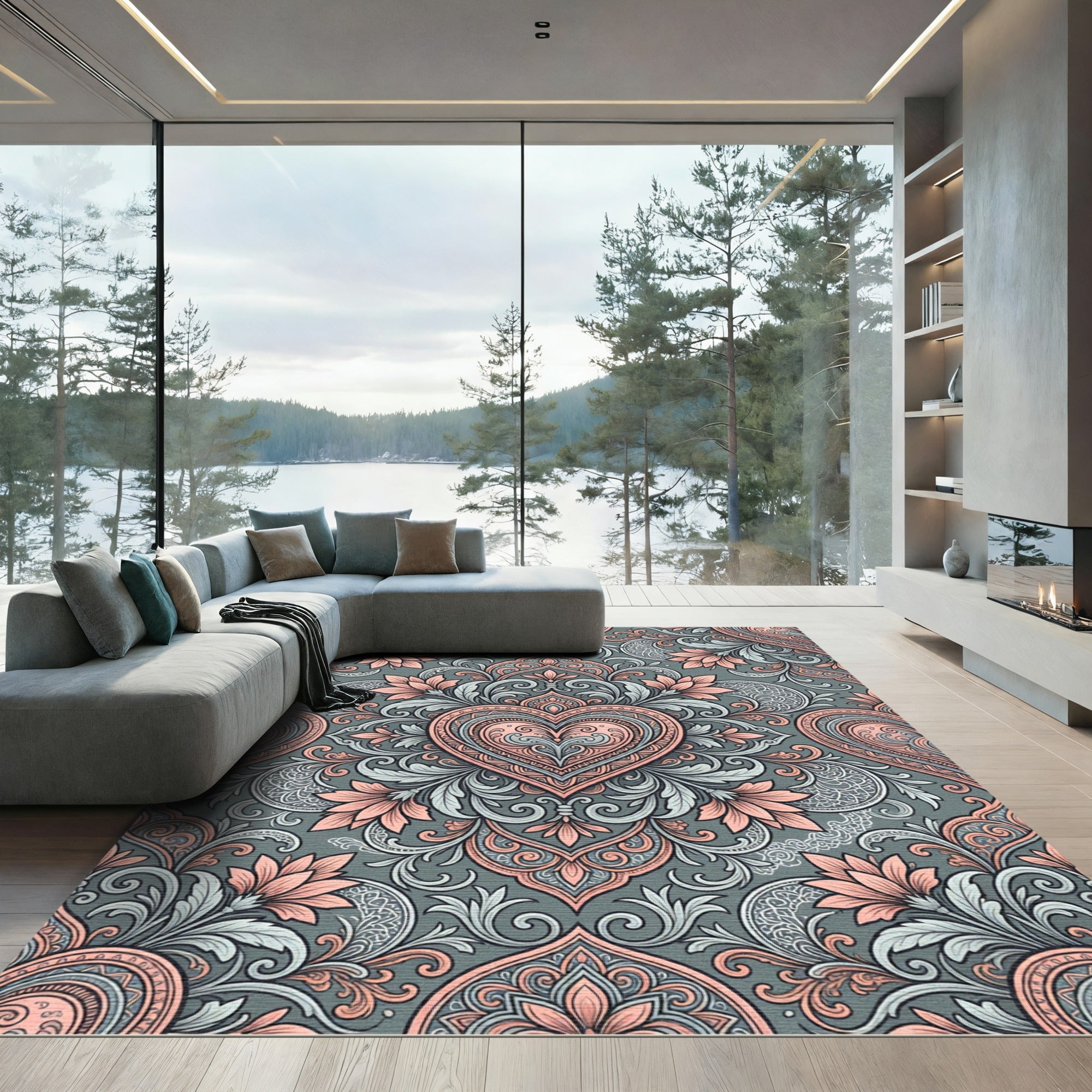 Coral Pink Heart Paisley Flourish Rug
